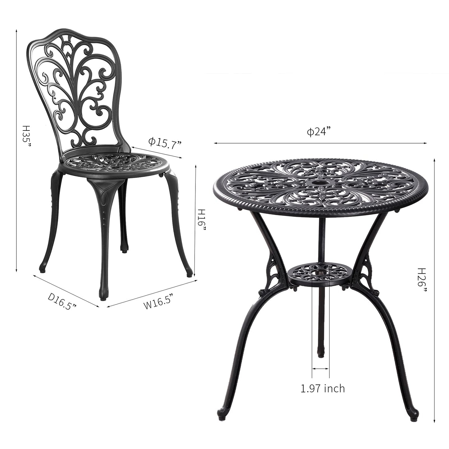 Withniture Patio Bistro Set 3 Piece Outdoor,Cast Aluminum Outdoor Bistro Table and Chair Set of 2 with 1.97" Umbrella Hole,All Weather Bistro Table Set for Front Porch Set(Butterfly Black)