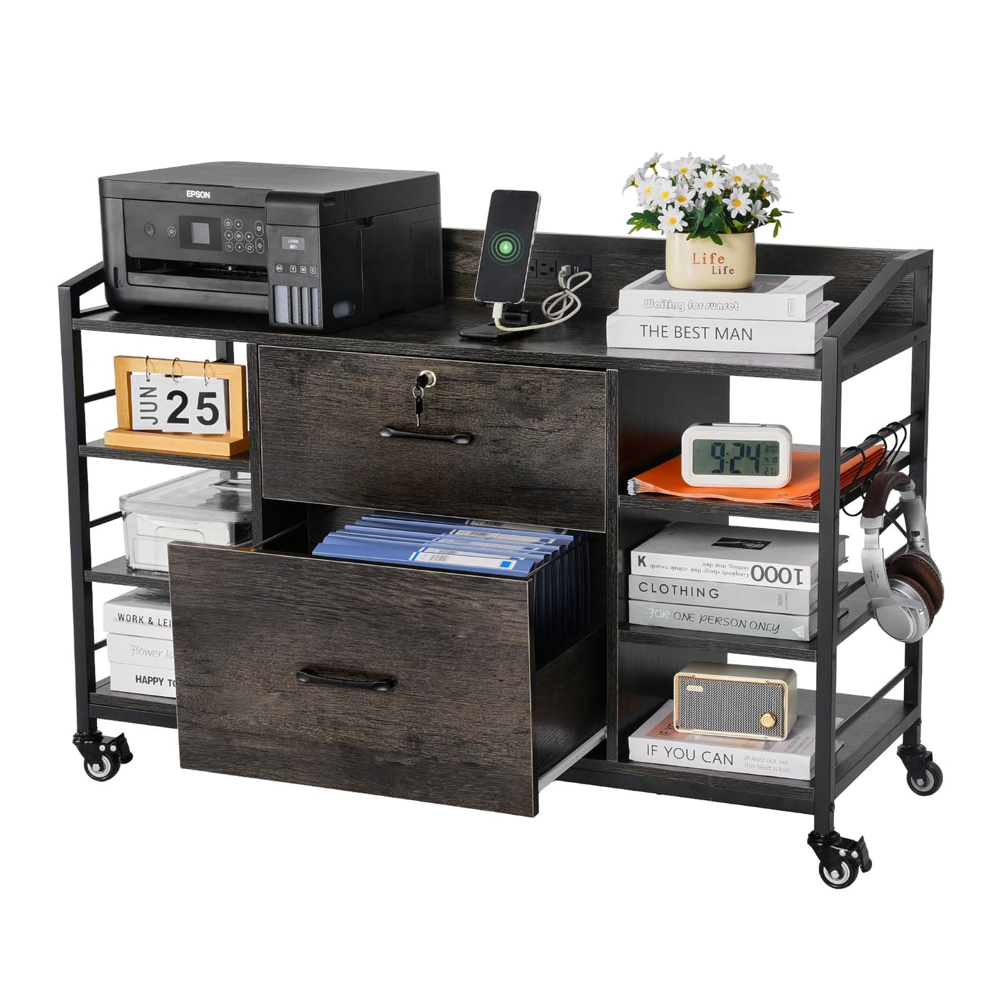 VEVOR 2 Drawers Metal File Cabinet, Lateral Filing Cabinet with Lock and 6 Open Shelves, Wooden Wide Filing Storage Cabinets with Power Strip for Letter, A4, Legal Size File, Easy Assembly, Gray