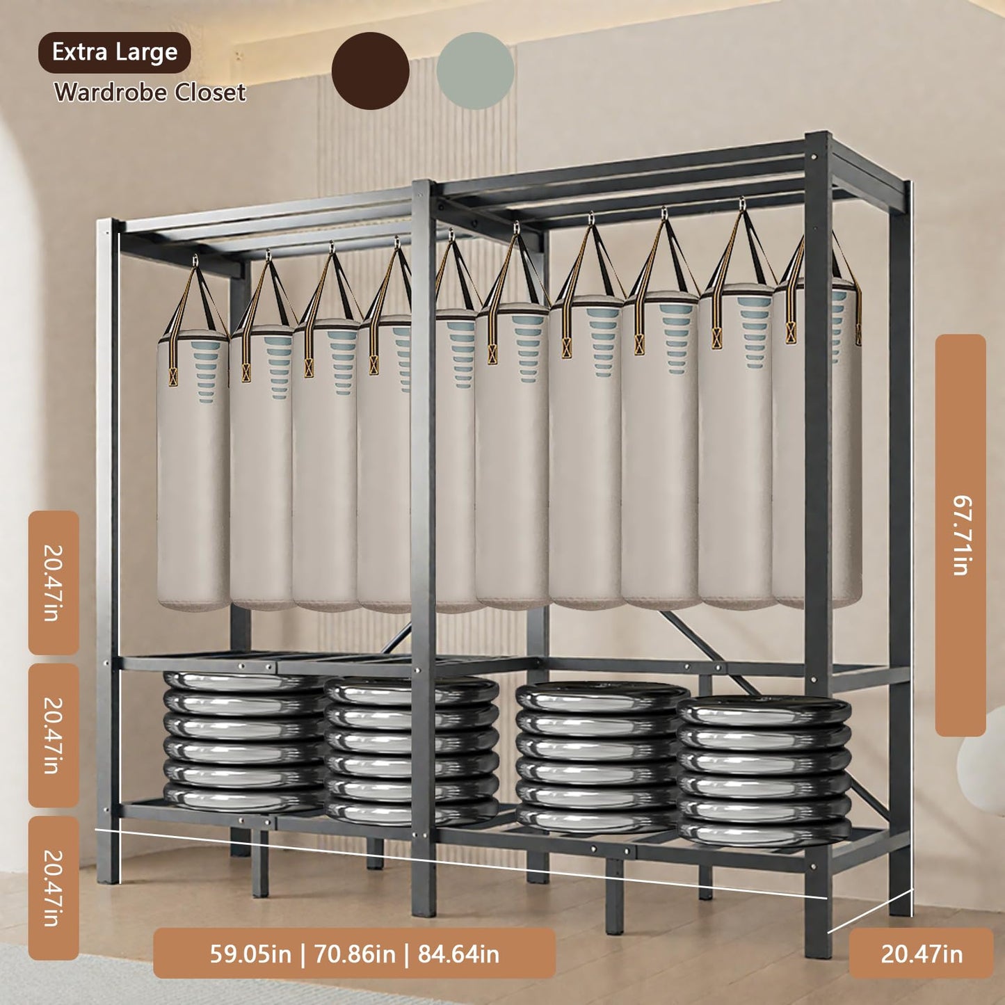 YDEHUEAD 84.5in/7.04ft Foldable Portable Wardrobe Closet with Cover, Heavy Duty Clothing Rack for Hanging Clothes has 59in Vertical Storage Space, Coffee Metal Garment Rack (c, L:84.46")