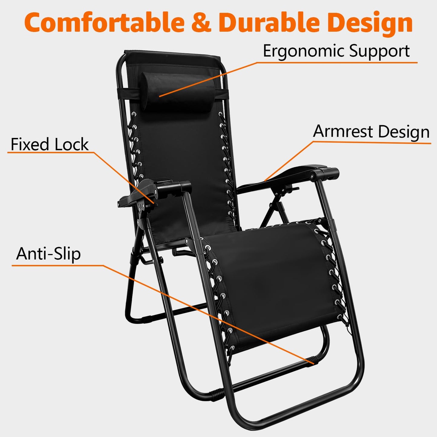 XYJBHB Zero Gravity Recliners Outdoor Adjustable Folding Reclining Lounge Chairs w/Pillows, Adjustable, Steel Frame, Black - Ideal for Patio Backyard Beach Black (2 Pack)