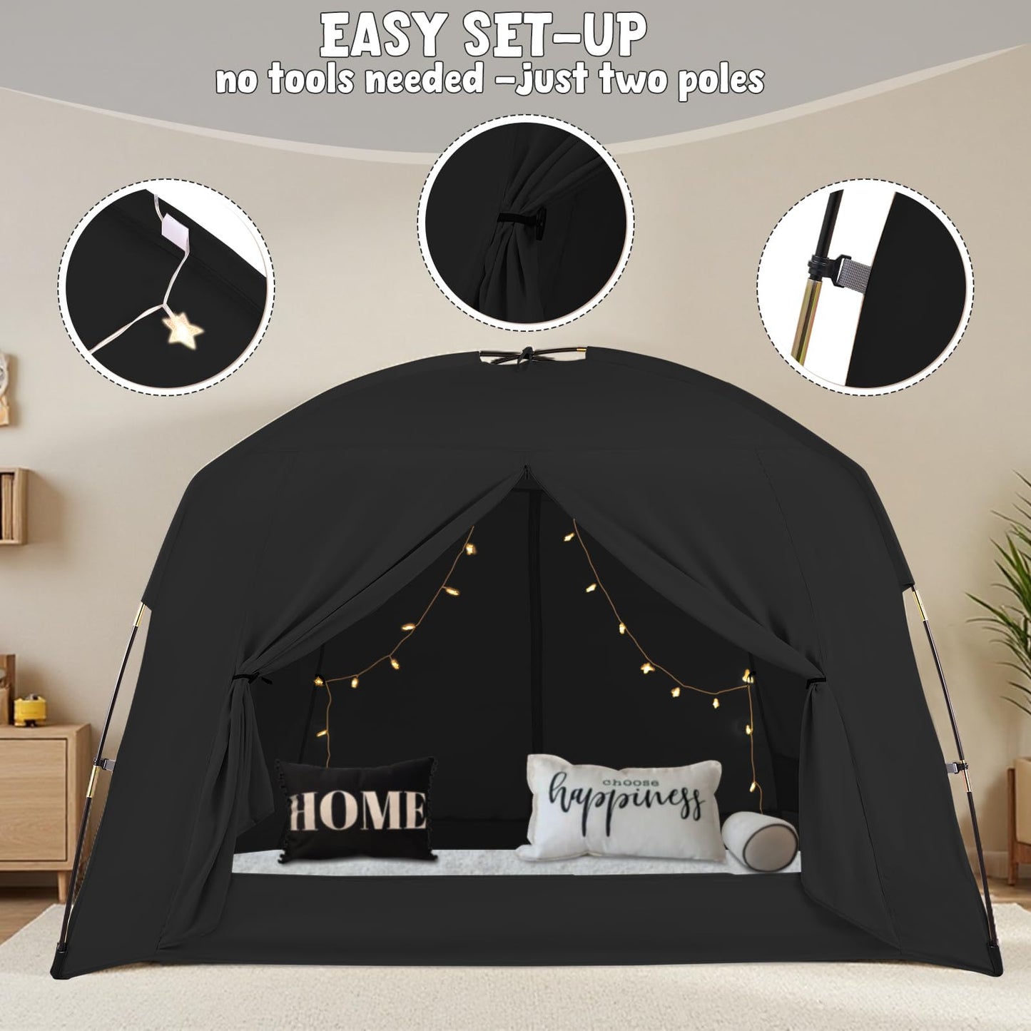 Bed Tents for Kids and Adult, Portable 100% Breathable and 93% Blackout Toddler Dream Play Tent, 3 Doors Big Privacy Space Sleeping Canopy for Floor or Twin Full Queen Sizes Bed (Black, Twin-Size)