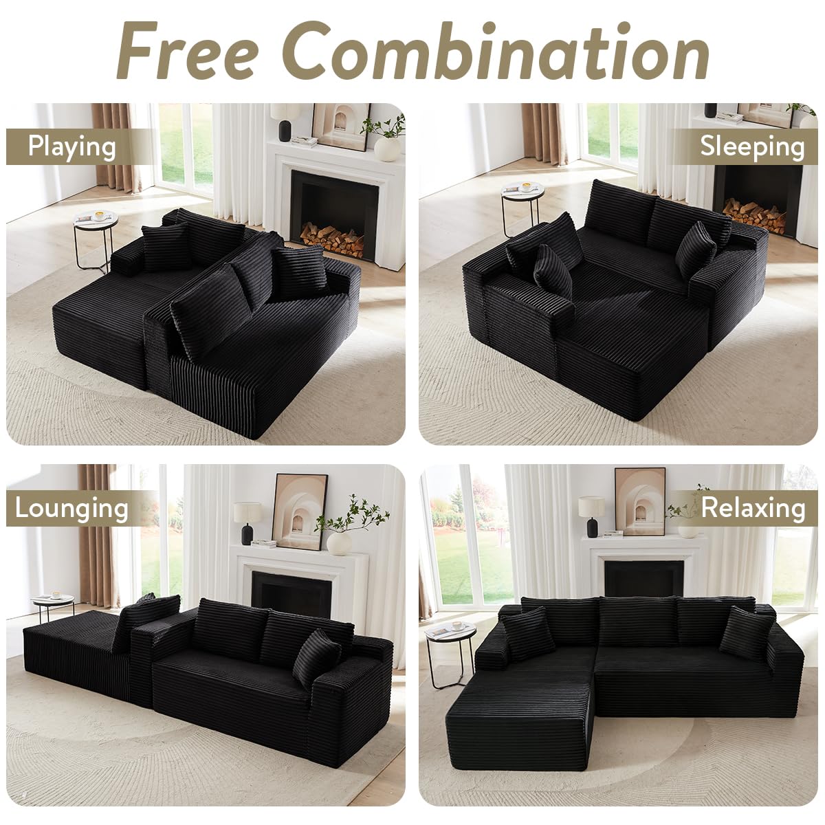 104 Inch Cloud Sectional Couch with L-Shape Chaise,Modern Upholstered Couches with Deep Seat,Corduroy Sponge Compressed Sofa for Living Room,No Assembly Required (Black)