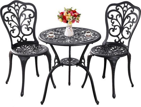 Withniture Outdoor Bistro Set 3 Piece Patio Bistro Set, Cast Aluminum Bistro Table and Chairs Set of 2, Small Patio Table Set for Porch, Black