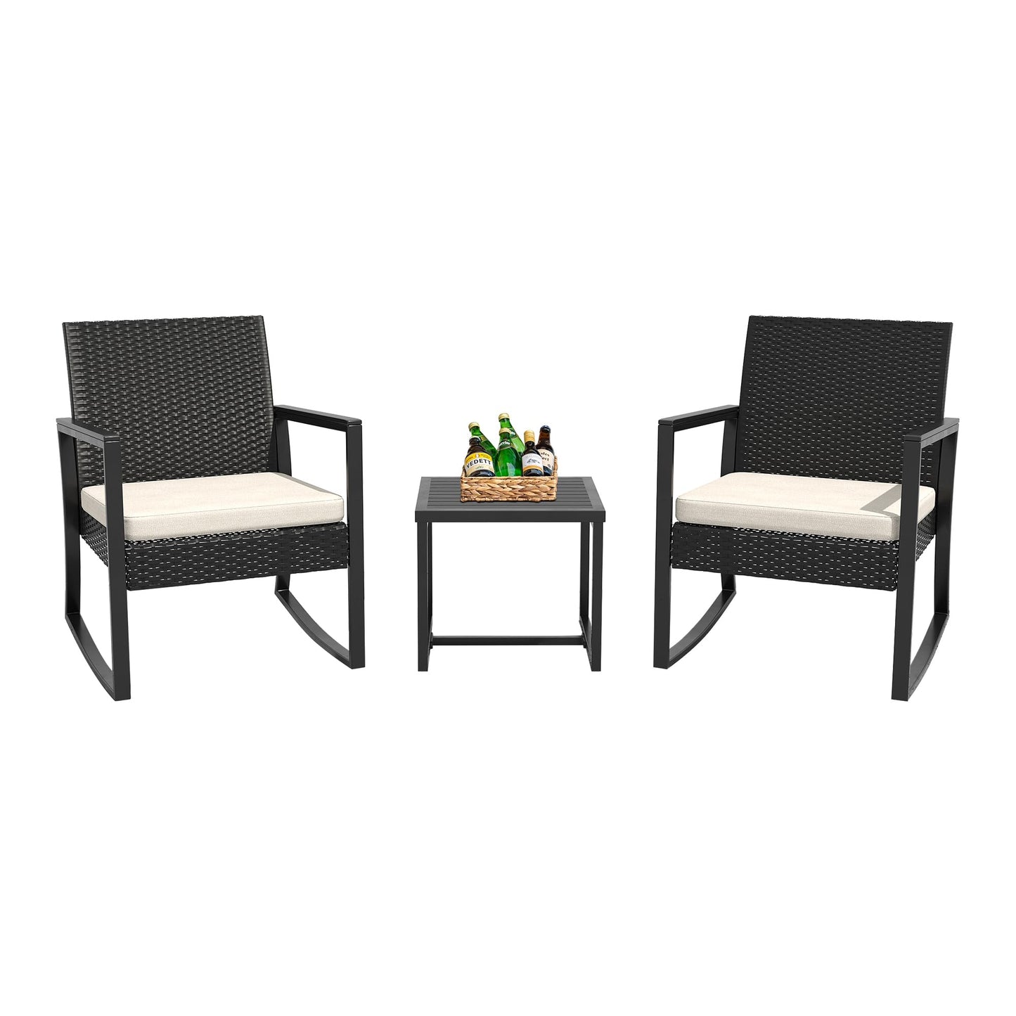 WWR 3 Pieces Outdoor Patio Furniture Set Rocking Wicker Rattan Chair Set Patio Bistro Conversation Set 3 Pcs with Coffee Table for Yard & Bistro (Sand)