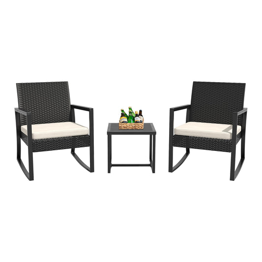 WWR 3 Pieces Outdoor Patio Furniture Set Rocking Wicker Rattan Chair Set Patio Bistro Conversation Set 3 Pcs with Coffee Table for Yard & Bistro (Sand)