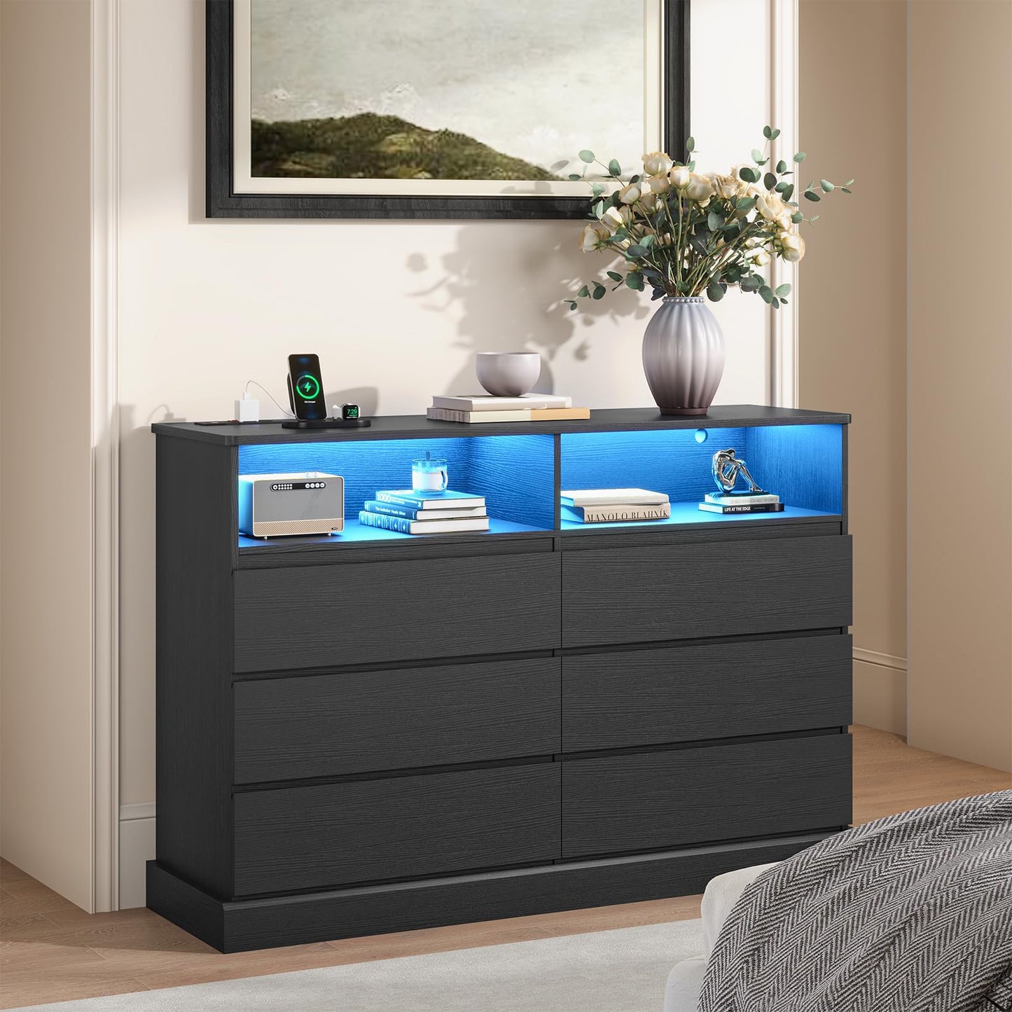 DICTAC Black Dresser for Bedroom with LED Lights with Charging Station, 6 Drawer Double Dresser with No Handle Drawers, Modern Chest of Drawers for Living Room, Entryway