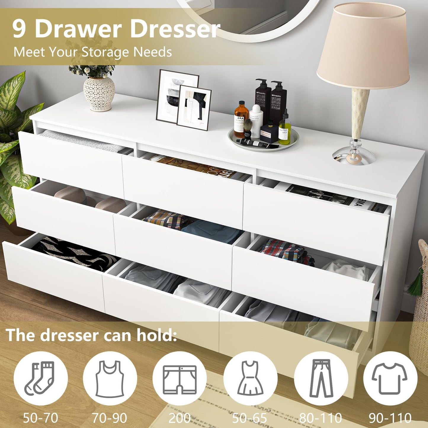 VERYKE White Dresser for Bedroom,Modern Long 9 Drawer Dresser with Deep Drawer,Large Storage Chest of Drawers,Wide Wood Bedroom Storage Furniture,TV Stand for Living Room