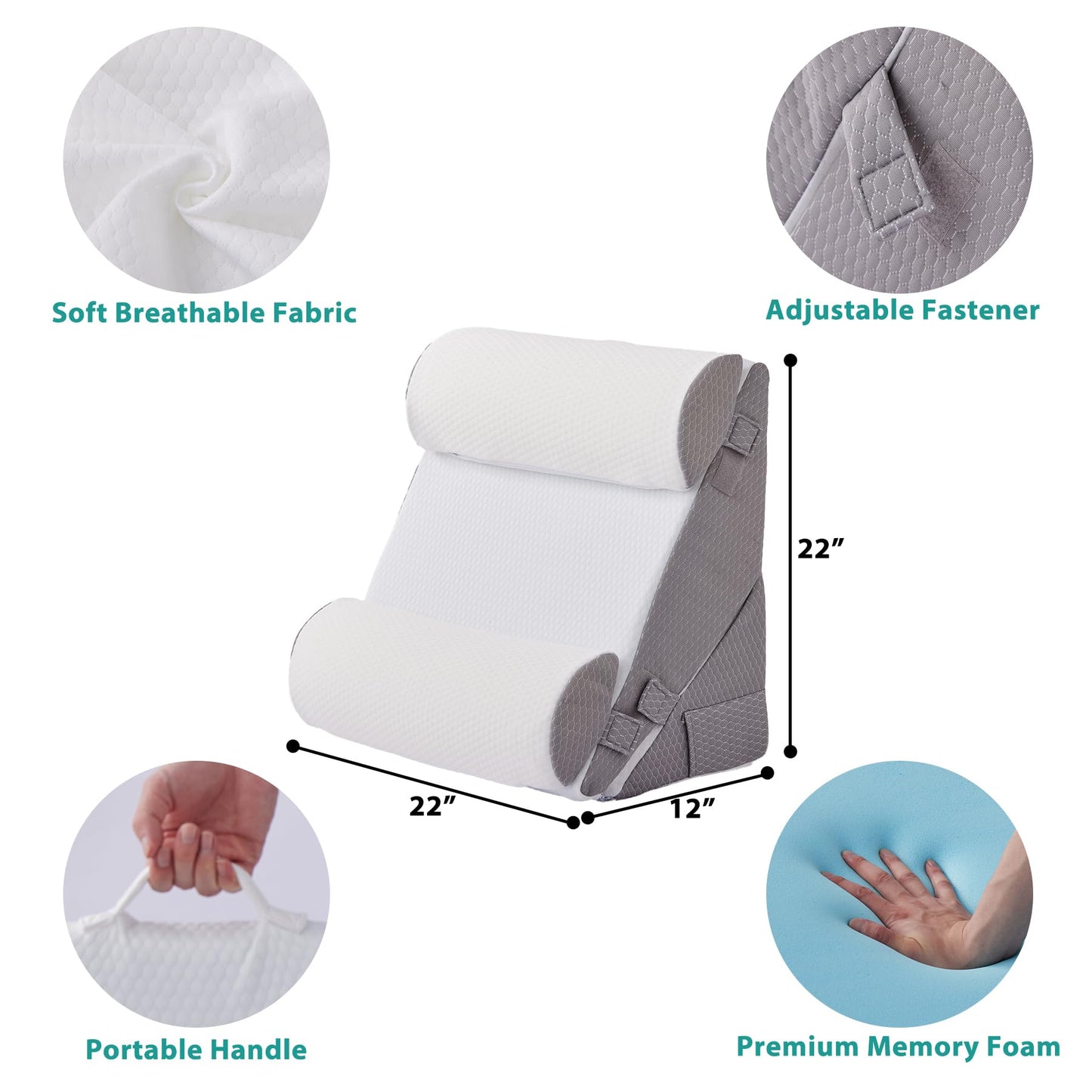 Bedluxe Adjustable 4pcs Bed Wedge Pillow Set, Memory Foam Wedge Pillows Post Surgery for Back, Neck, Leg Pain Relief, Pillow Wedge for Sleeping, Sitting up in Bed, Acid Reflux and GERD, White/Grey