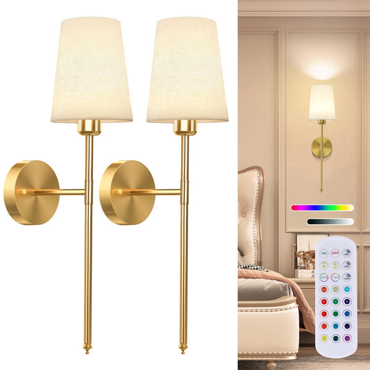 10000mAh Battery Operated Wall Sconces Set of Two, Wireless Wall Sconce with Rechargeable Bulbs and Remote,15 Colors & Dimmable,Gold Sconces Wall Decor Set of 2 for Bedroom Living Room Hallway