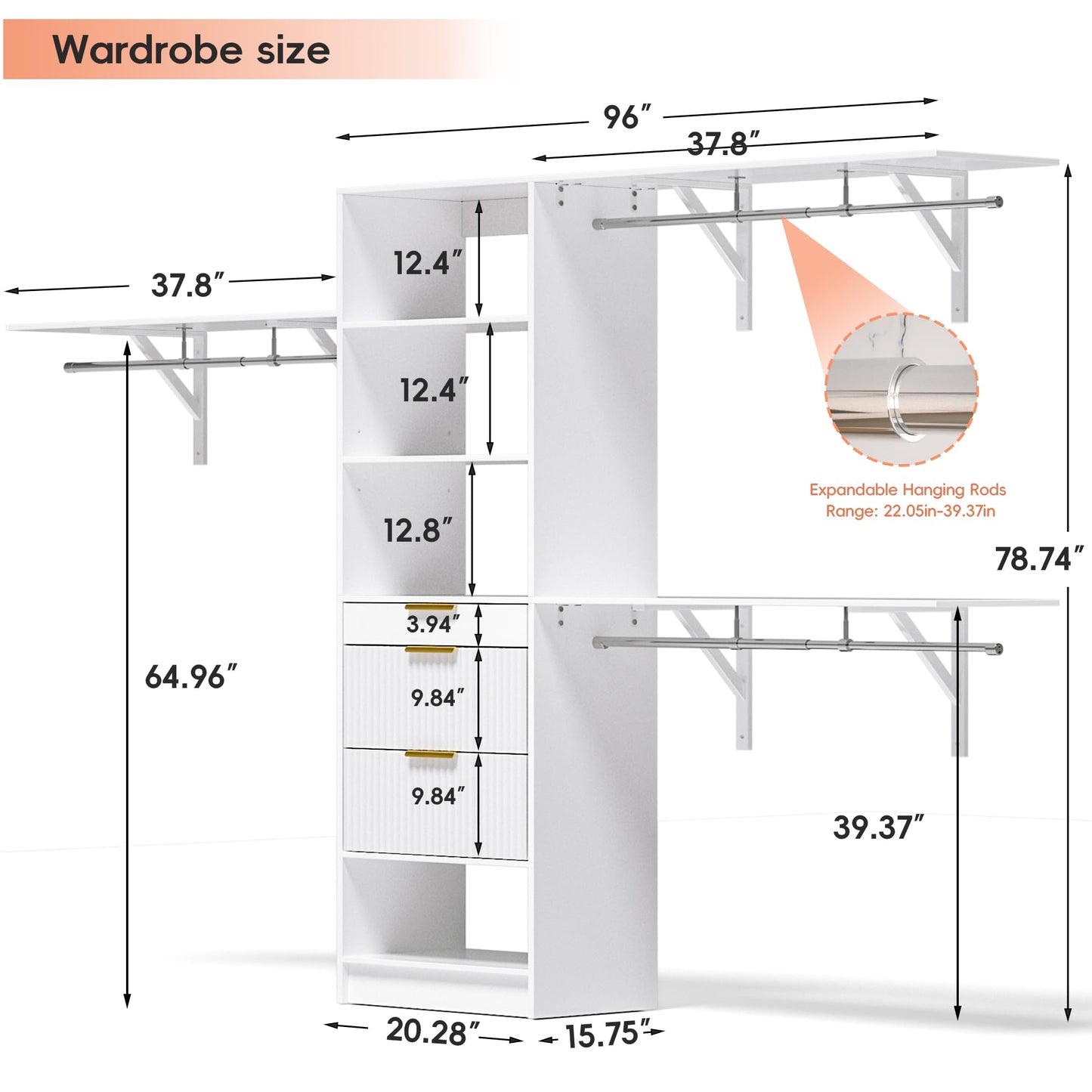 Closet System, 8FT Closet Organizer with 3 Wooden Drawers, Walk-in Closet Wardrobe Clothes Rack with 3 Expandable Hanging Rods, Garment Rack, White