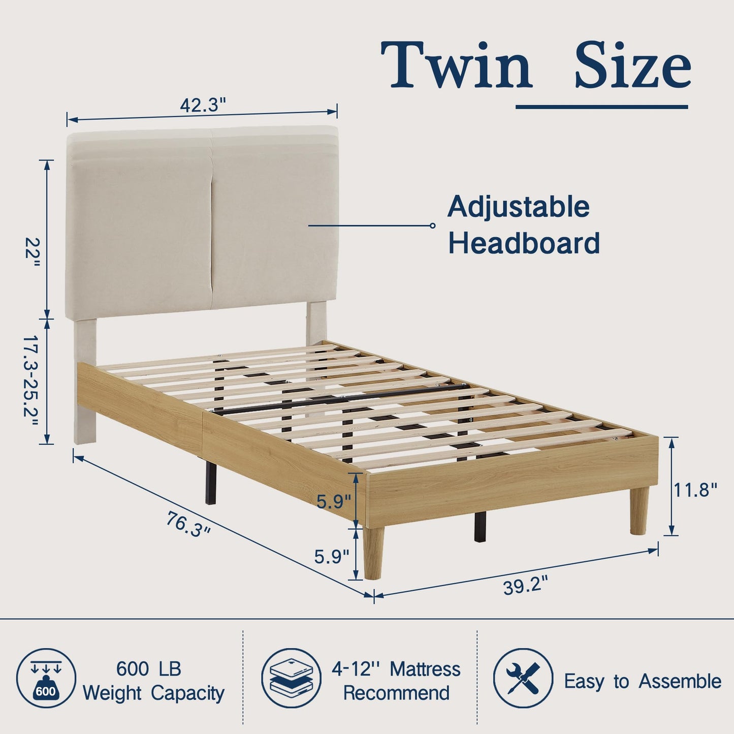 VECELO Twin Frame Upholstered Platform Height-Adjustable Cotton and Linen Headboard, Heavy Duty Wood Slats, 6" Under-Bed Space Noise-Free, No Box Spring Needed,Easy Assembly, Beige