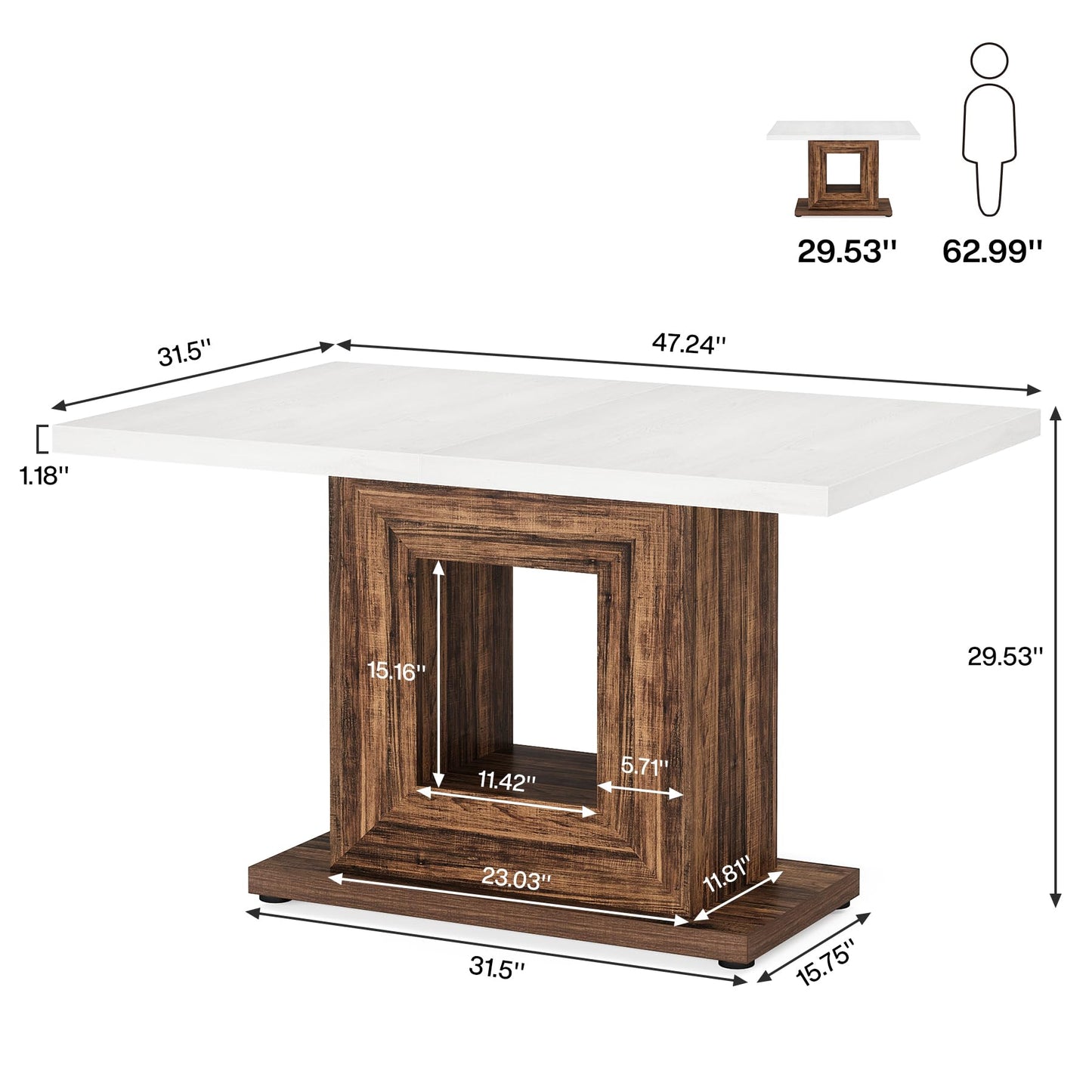 Tribesigns 47-Inch Farmhouse Dining Table for 4, White Kitchen Dinner Table with Heavy Duty Pedestal, Rustic Wooden Eating Table for Home, Dining Room, Small Space, White & Brown