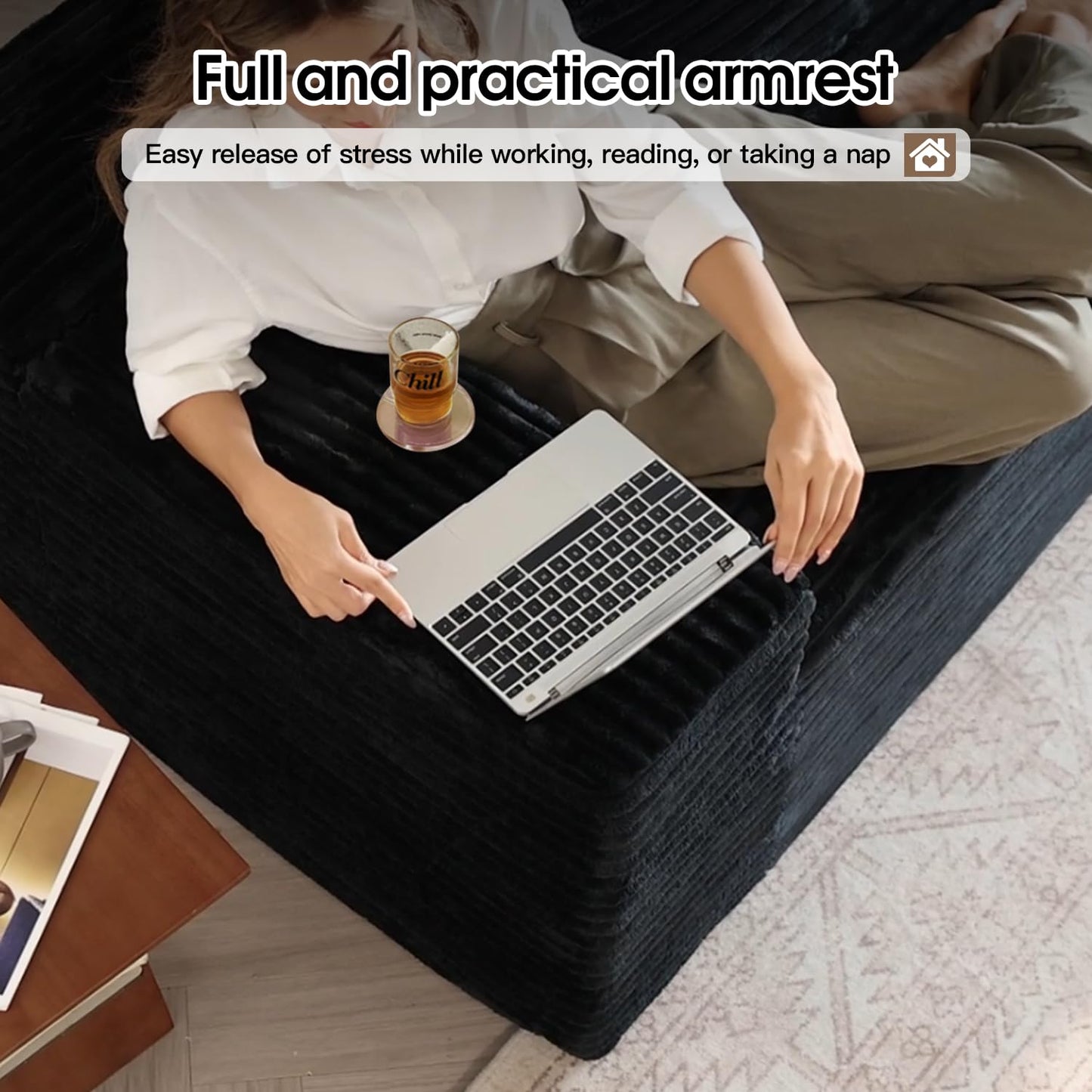 107" Comfy U-Shaped Sectional Modern Boneless Corduroy Couch with Chaise ‌and Ottoman‌ - No Assembly Required! Deep-Seat, Upholstered Modular Cloud Sofa for Living Room, Plush Corduroy Fabric(Black)