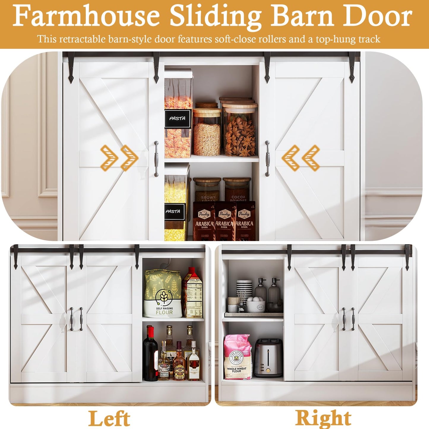 71" Kitchen Pantry Storage Cabinet with Charging Station, Farmhouse Coffee Bar Cabinet with Adjustable Shelves, Tall Hutch Cabinet with Microwave Stand & Wine Rack for Kitchen, Living Room (White)