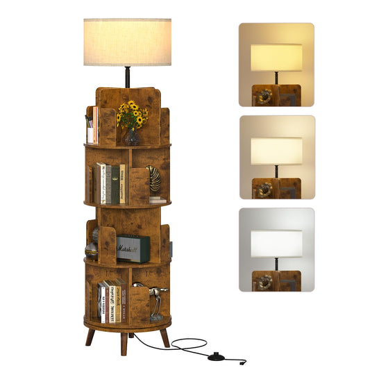TVU Rotating Bookshelf with Light, 360 Degree Spinning Book Shelf Tower, 4-Tier Circular Bookcase for Small Spaces, Fits Any Corner, for Study、Living Room、Bedroom、Office, Flame Finish