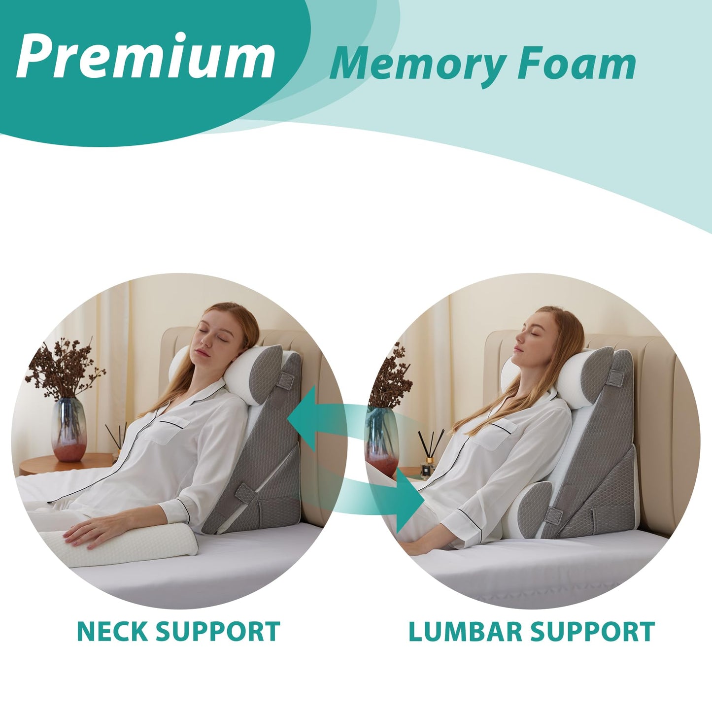 Bedluxe Adjustable 4pcs Bed Wedge Pillow Set, Memory Foam Wedge Pillows Post Surgery for Back, Neck, Leg Pain Relief, Pillow Wedge for Sleeping, Sitting up in Bed, Acid Reflux and GERD, White/Grey