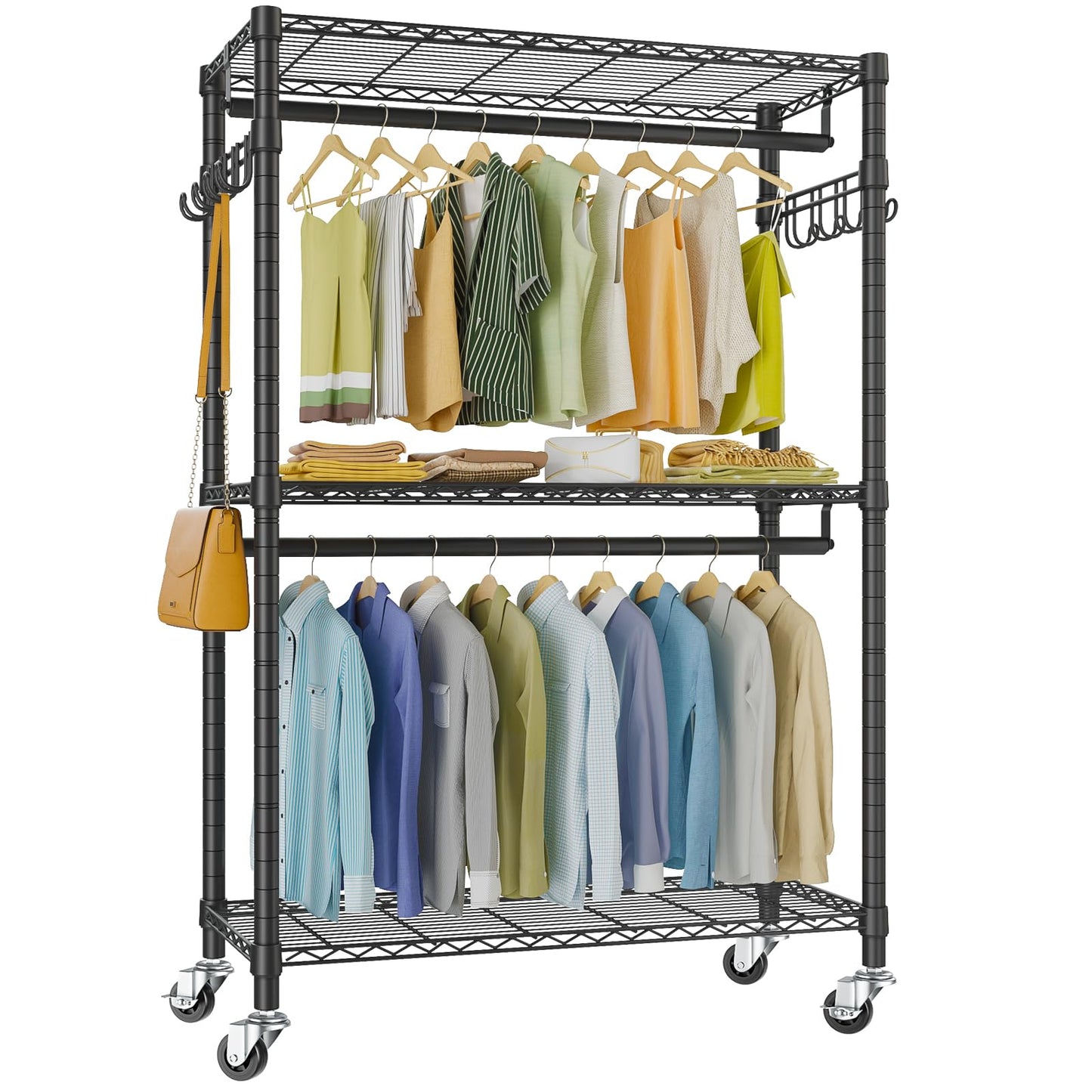 VIPEK R2 Plus Heavy Duty Rolling Garment Rack 3 Tiers Adjustable Wire Shelving Clothes Rack with Double Rods and Side Hooks, Freestanding Wardrobe Storage Rack Metal Clothing Rack, Black