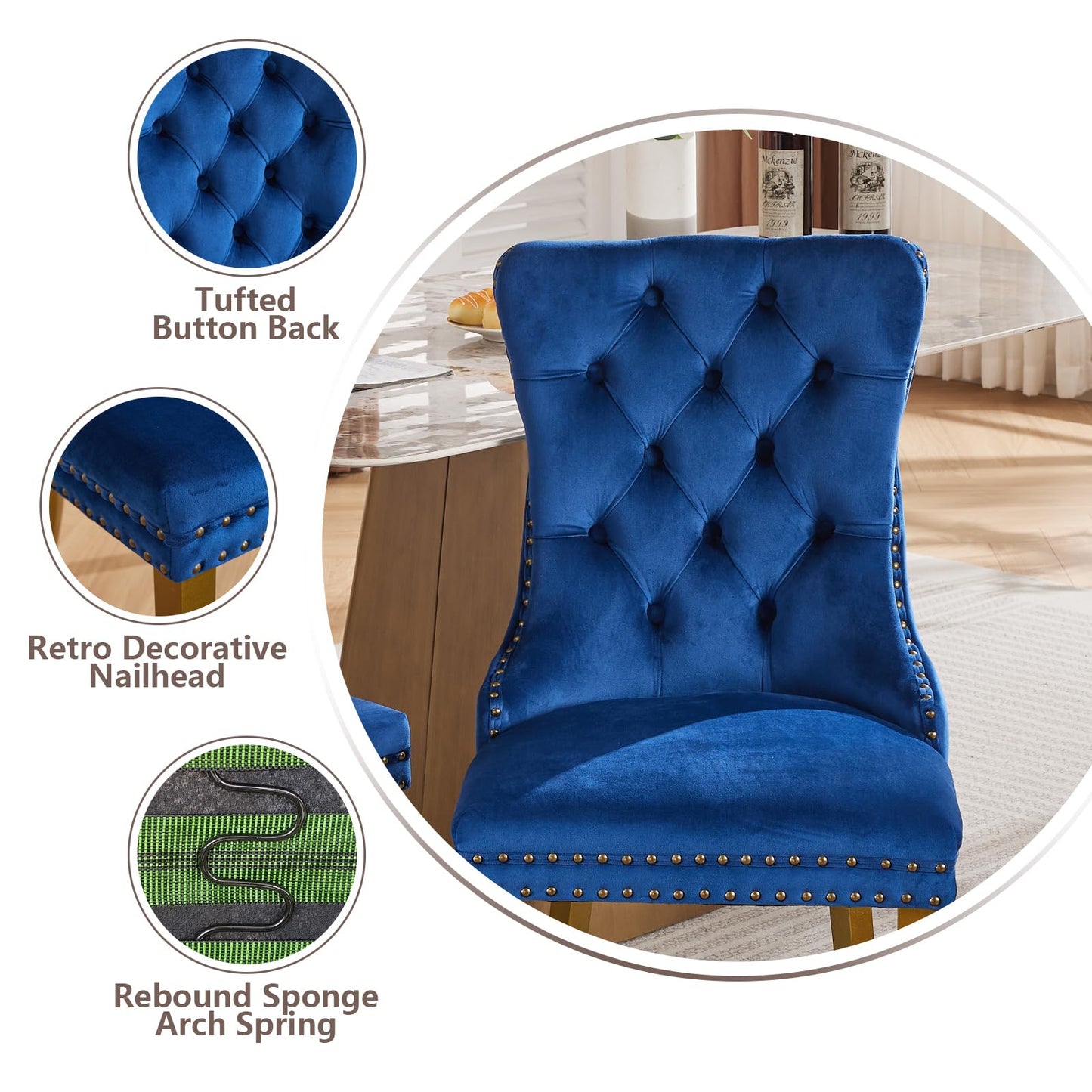Velvet Dining Chairs Set of 4, Modern Tufted Dining Room Chair, Upholstered Dining Chairs with Lion Head Pulls Ring and Golden Solid Wood Legs, Luxury Kitchen Chairs for Dining Room, Blue