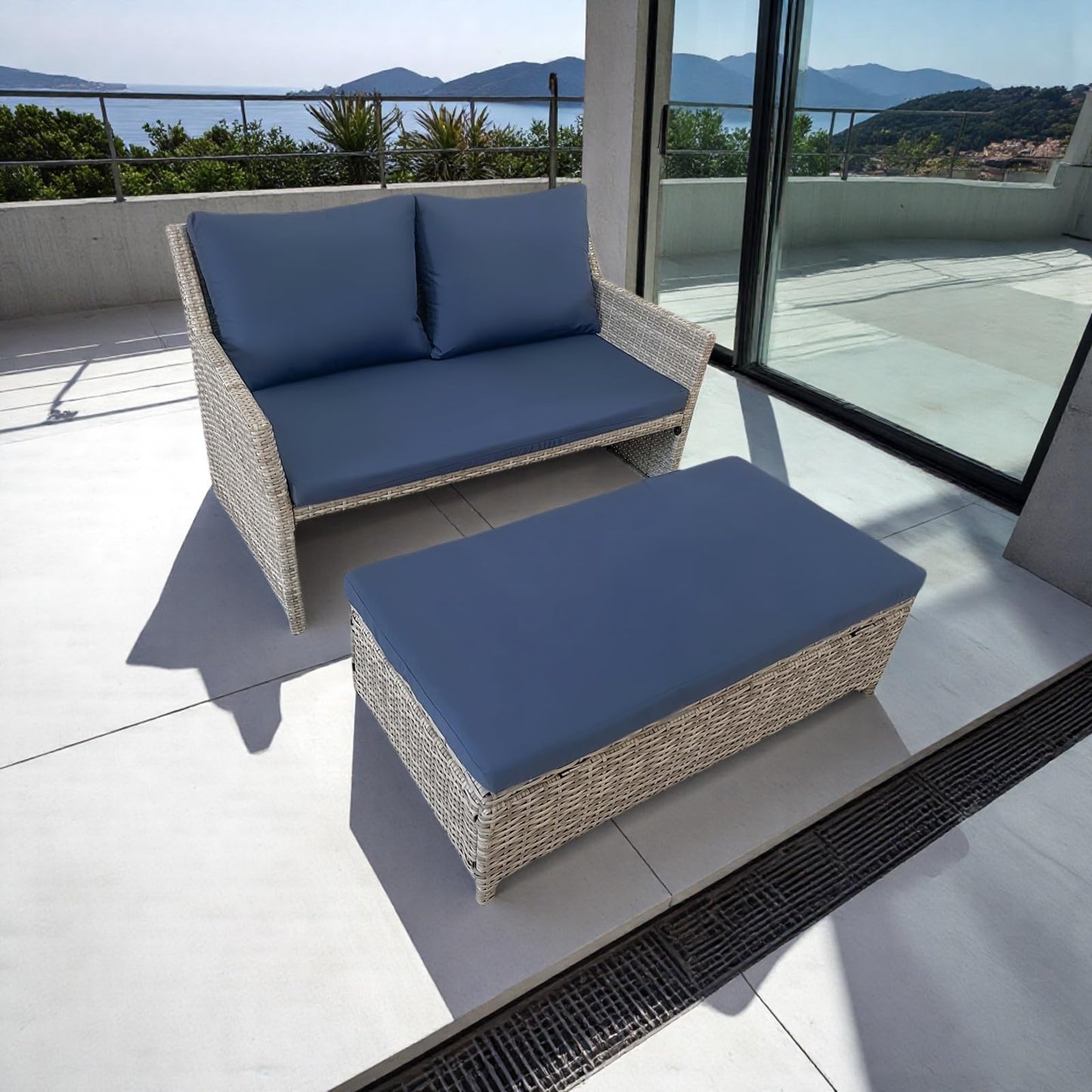 2 Piece Patio Sofa, Outdoor Patio Loveseat with Built-in Storage Bin, Wicker Couch with Coffee Table, for Balcony,Porch,Pool (Grey-Blue)