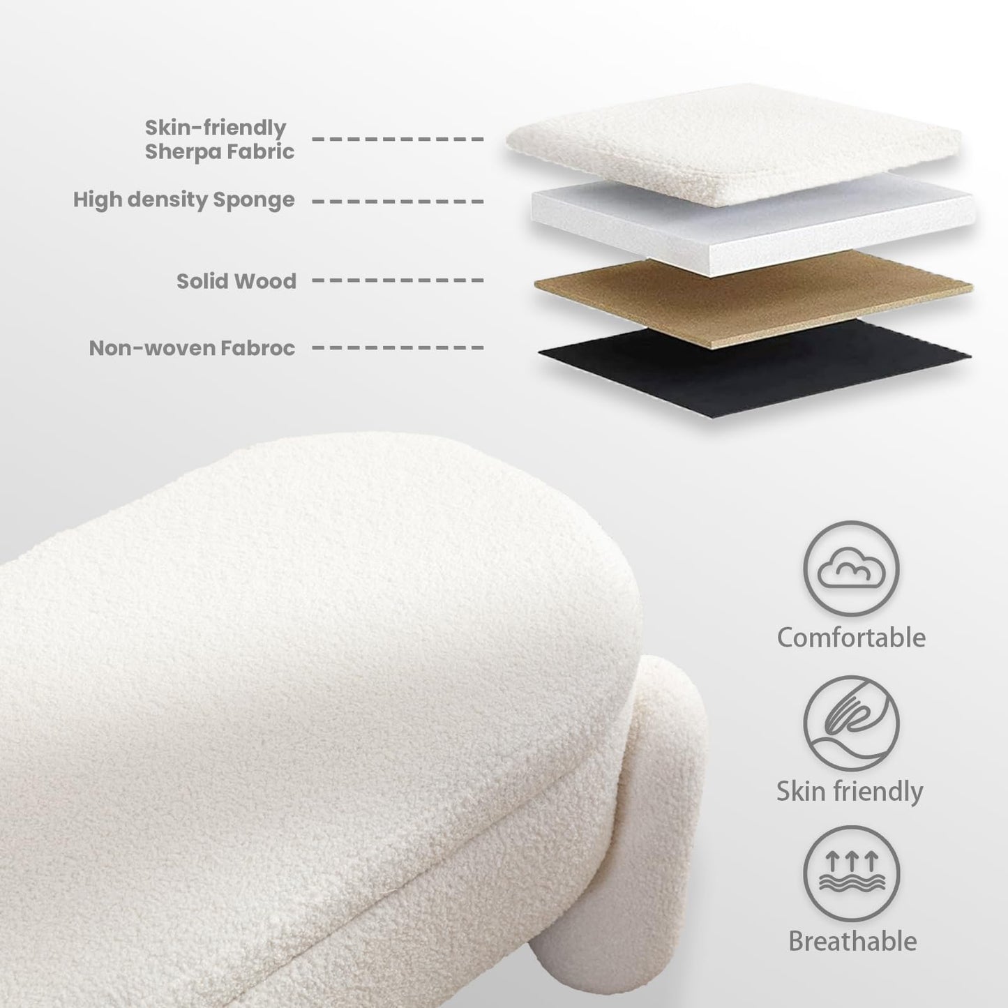 Ya-Home Modern Storage Bench, 44.7 Inch Upholstered Ottoman Bench Sherpa Fabric End of Bed Stool, Cute Entryway Bench for Bedroom Living Room Entryway, White