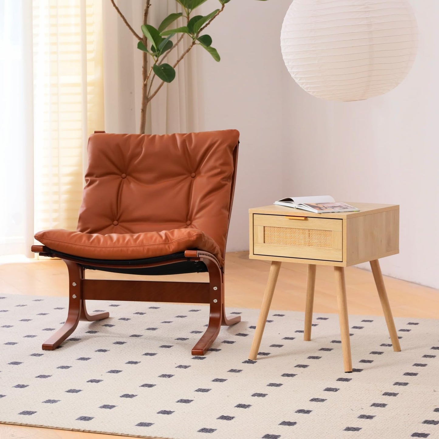 FUQARHY Rattan Nightstand Set of 2, Boho Side Table with Drawer, Mid Century Modern, End Table with Wood Legs for Bedroom, Dorm and Small Spaces