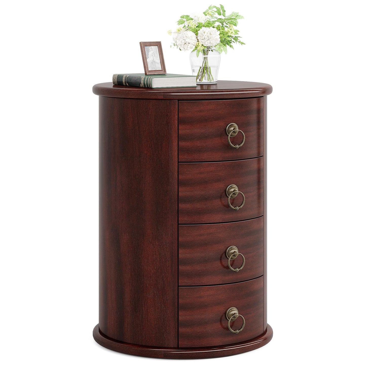 Tribesigns Solid Wood Nightstand, Round Night Stand with 4 Drawers, Rustic Bedside Table Tall Nightstand for Bedroom, Living Room, No Assembly Required (1)