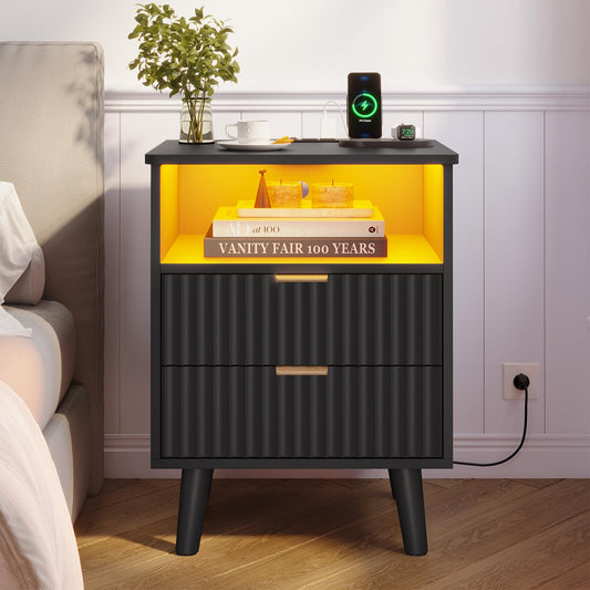 VIAGDO Fluted Nightstand with Charging Station and LED Lights, Modern Night Stand with 2 Drawers and Open Storage Cabinet, Bed Side Table with Gold Metal Handle for Bedroom, Black