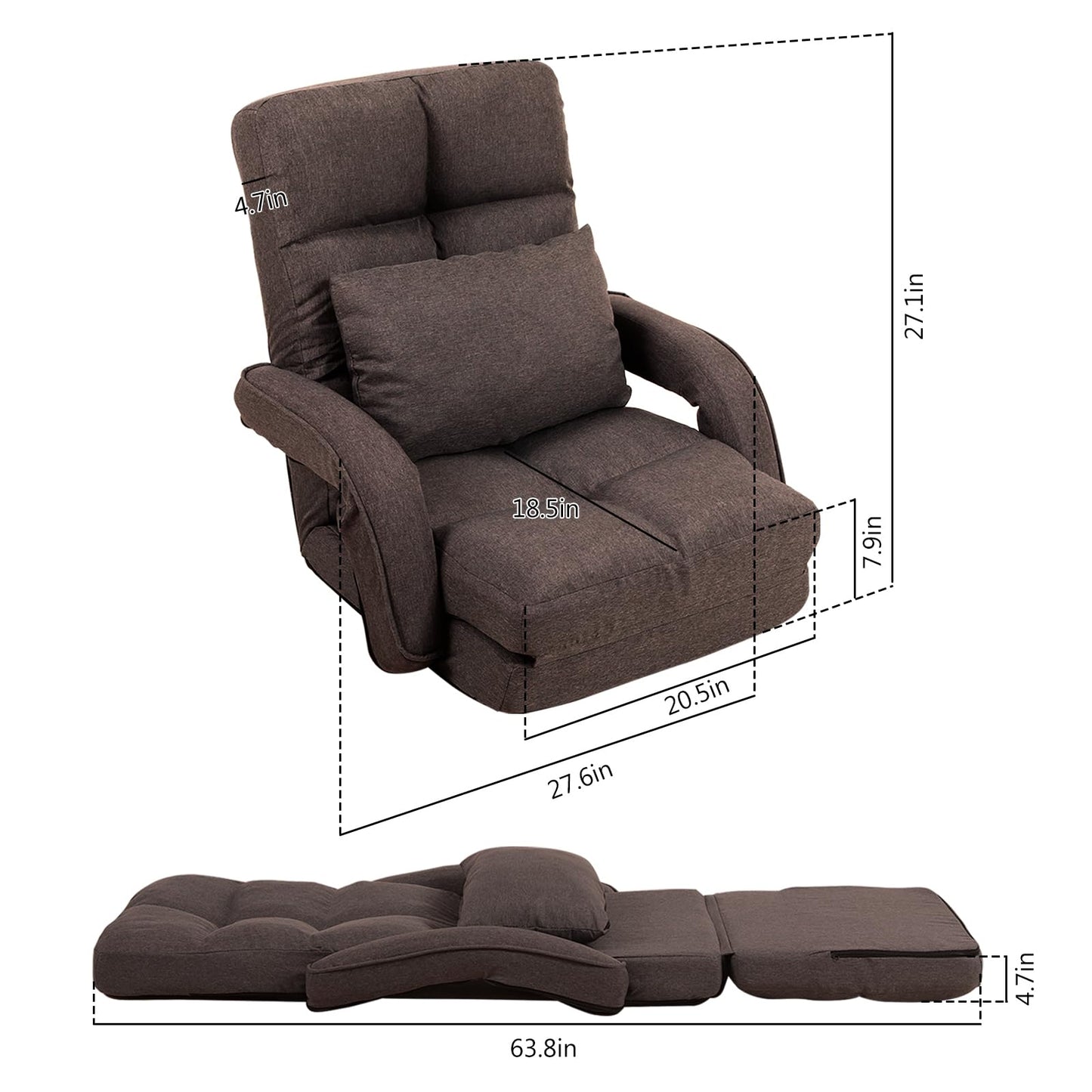DeeLyan Indoor Floor Chair with Armrest and Pillow Folding Chaise Lounge Sofa 14-Position Adjustable Comfy Gaming Recliner Chair Padded Seats for Adults (Brown)