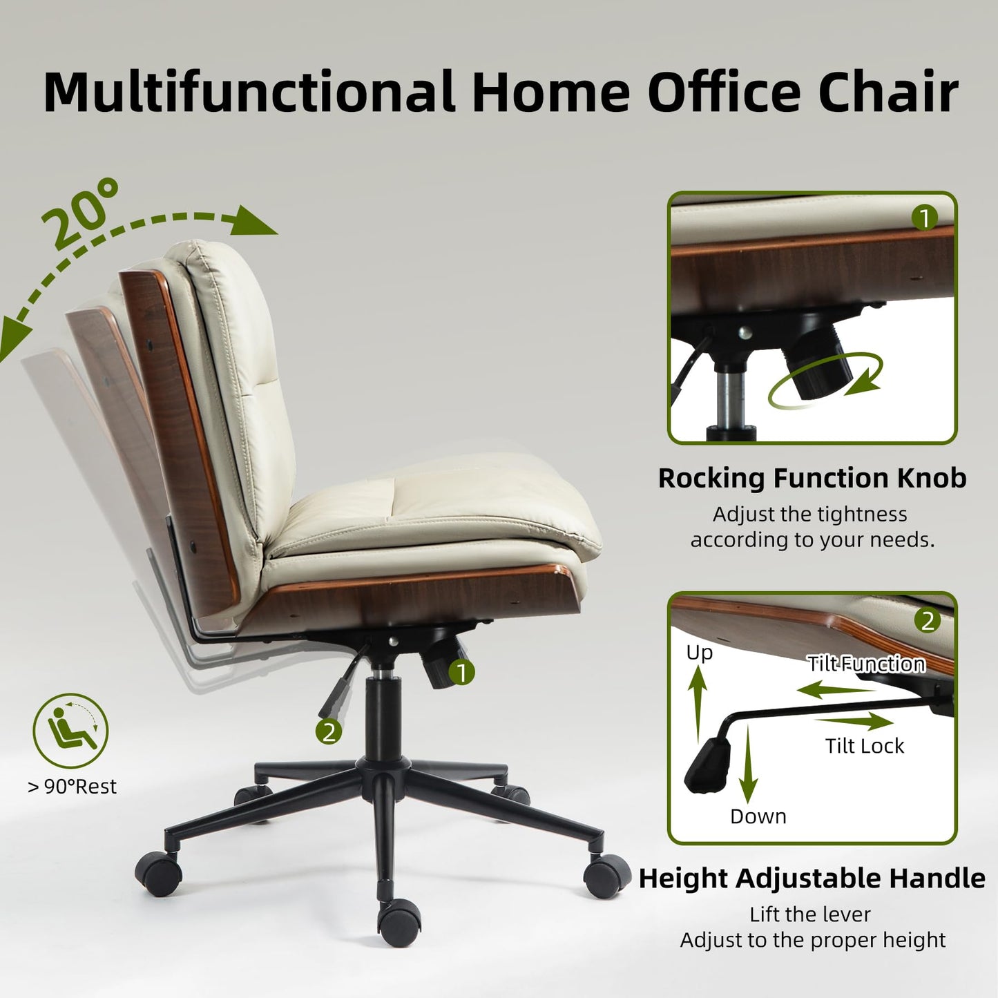 WQSLHX Office Chair, Criss Cross Legged Office Desk Chairs with Wheels, PU Leather Adjustable Swivel Walnut Task Chair with Wide Seat, Ergonomic Mid Back Computer Chair for Meeting Room, Home