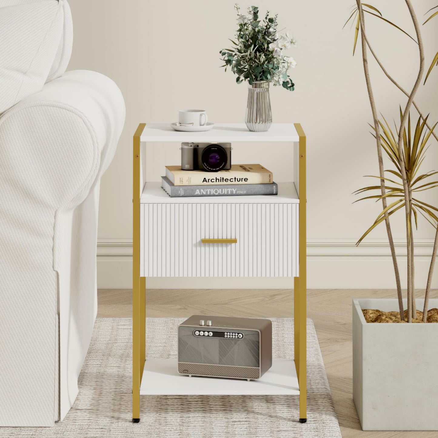 Veegle Fluted Nightstand, Modern Side Table with Drawer, White and Gold Bedside Table with Open Shelves for Living Room, Bedroom