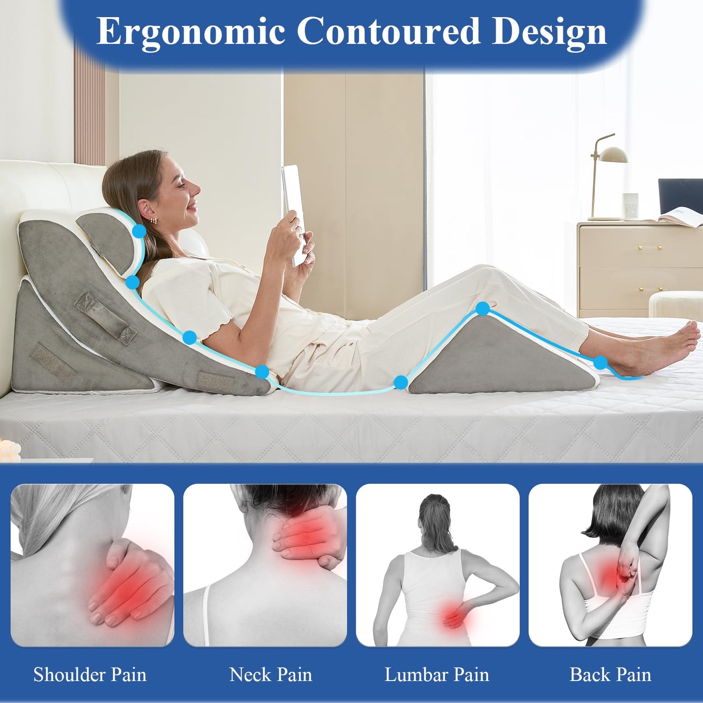 4PCS Orthopedic Bed Wedge Pillow Set, Post Surgery 45D Memory Foam for Back, Neck, and Leg Pain Relief Pleasing & Adjustable Support Pillows-Ease Acid Reflux & GRED with Better Sleep,White Light Grey