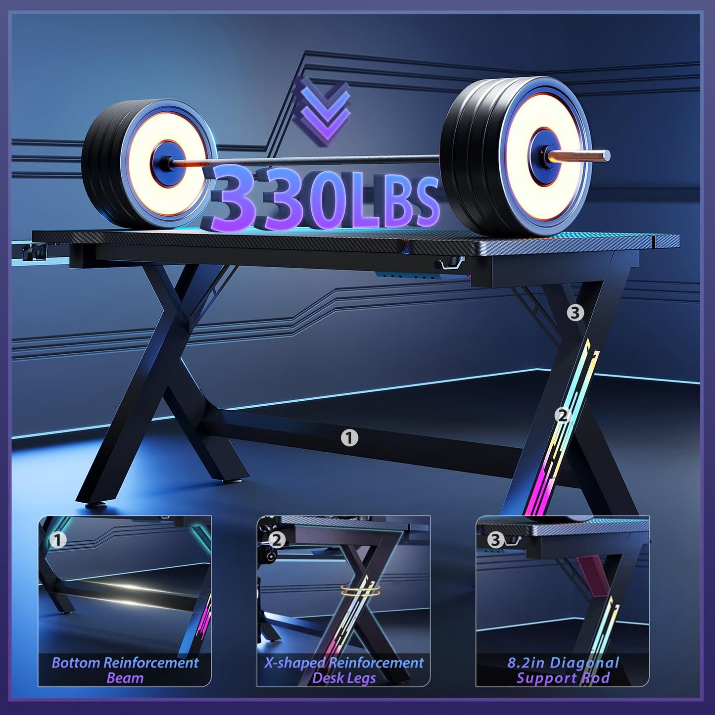 55.11 Inch Gaming Desk Computer Desk with LED Lights, Sturdy Small Desk for Bedroom, Home Office Desks Ergonomic PC Gaming Table Workstation w/Cup Holder, Headphone Hook, Cable Box, Carbon Fiber Black