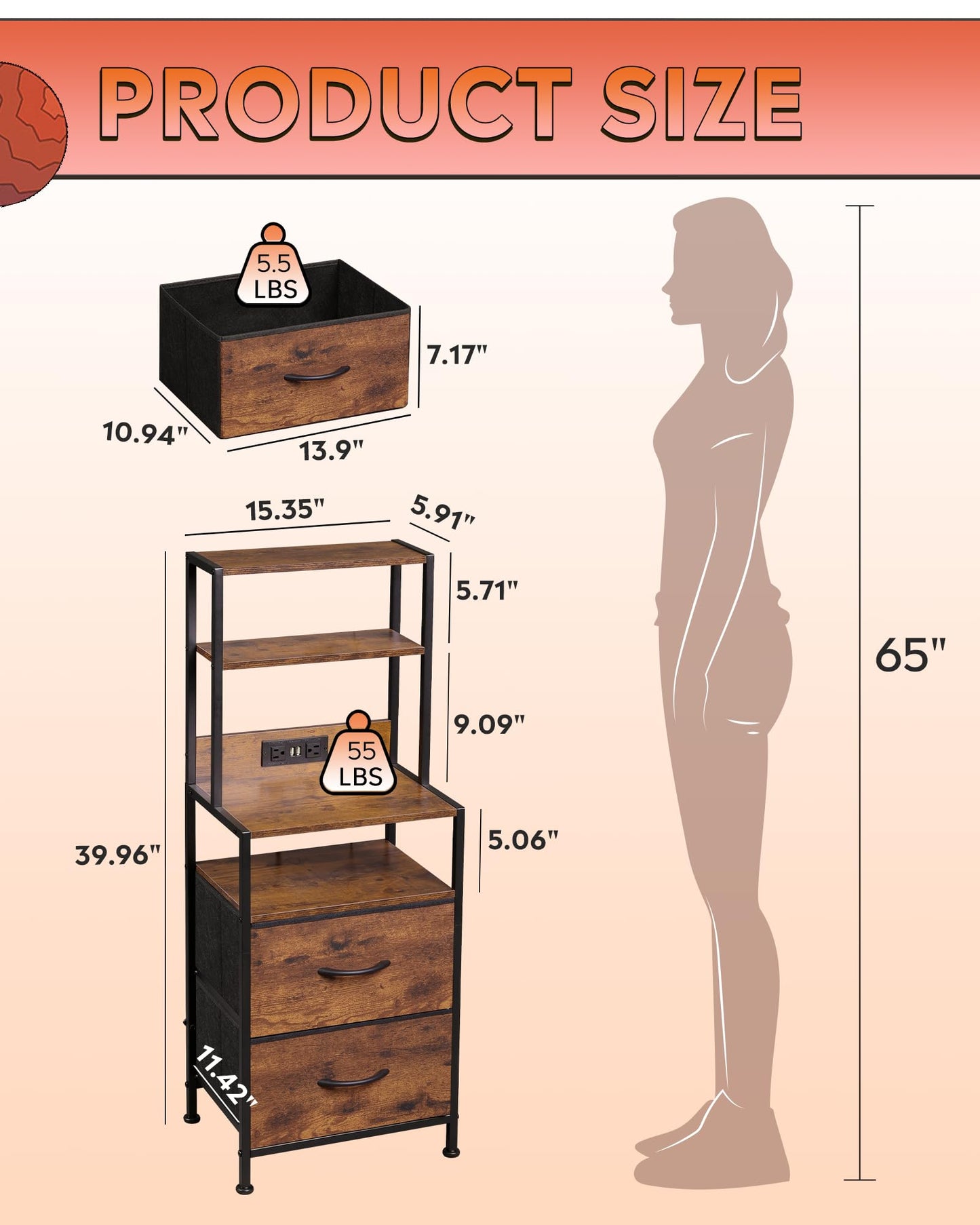 WLIVE Nightstand Set of 2 with Charging Station, LED Night Stand Sets with 2 Drawers and 4 Storage Open Shelves, Fabric Dressers for Bedroom, Rustic Brown