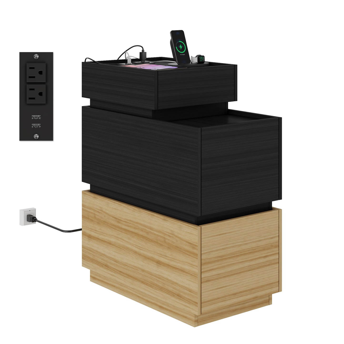 UEV End Table with Charging Station,Narrow Side Table for Living Room,Nightstand with Drawers and Storage,Sofa Side Table with USB Ports and Power Outlets for Living Room and Bedroom,Black and Brown