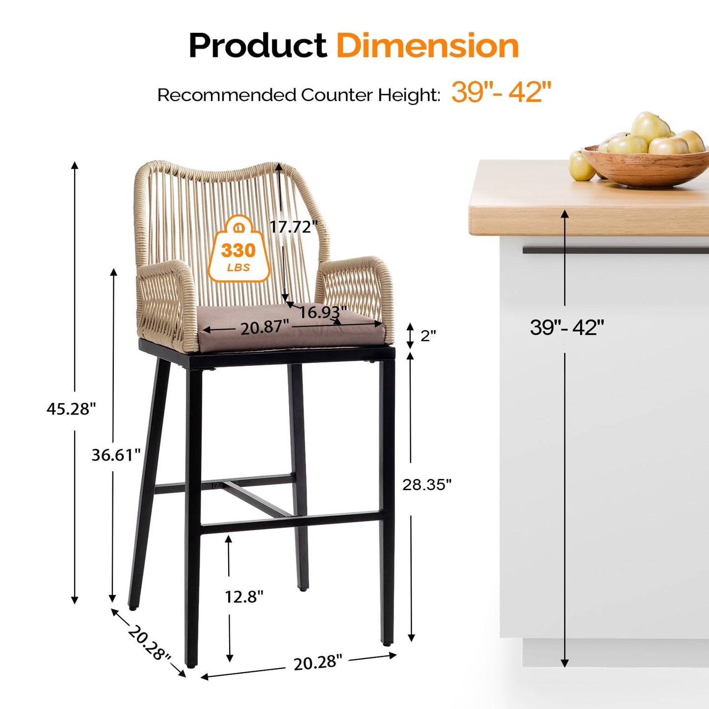 VINGLI Outdoor Bar Stools Set of 2, Heavy-Duty Outdoor Barstools Boho Woven Patio Bar Stools with Backrest, Patio Garden Balcony Pool Bar Chairs with Cushions (Apricot)