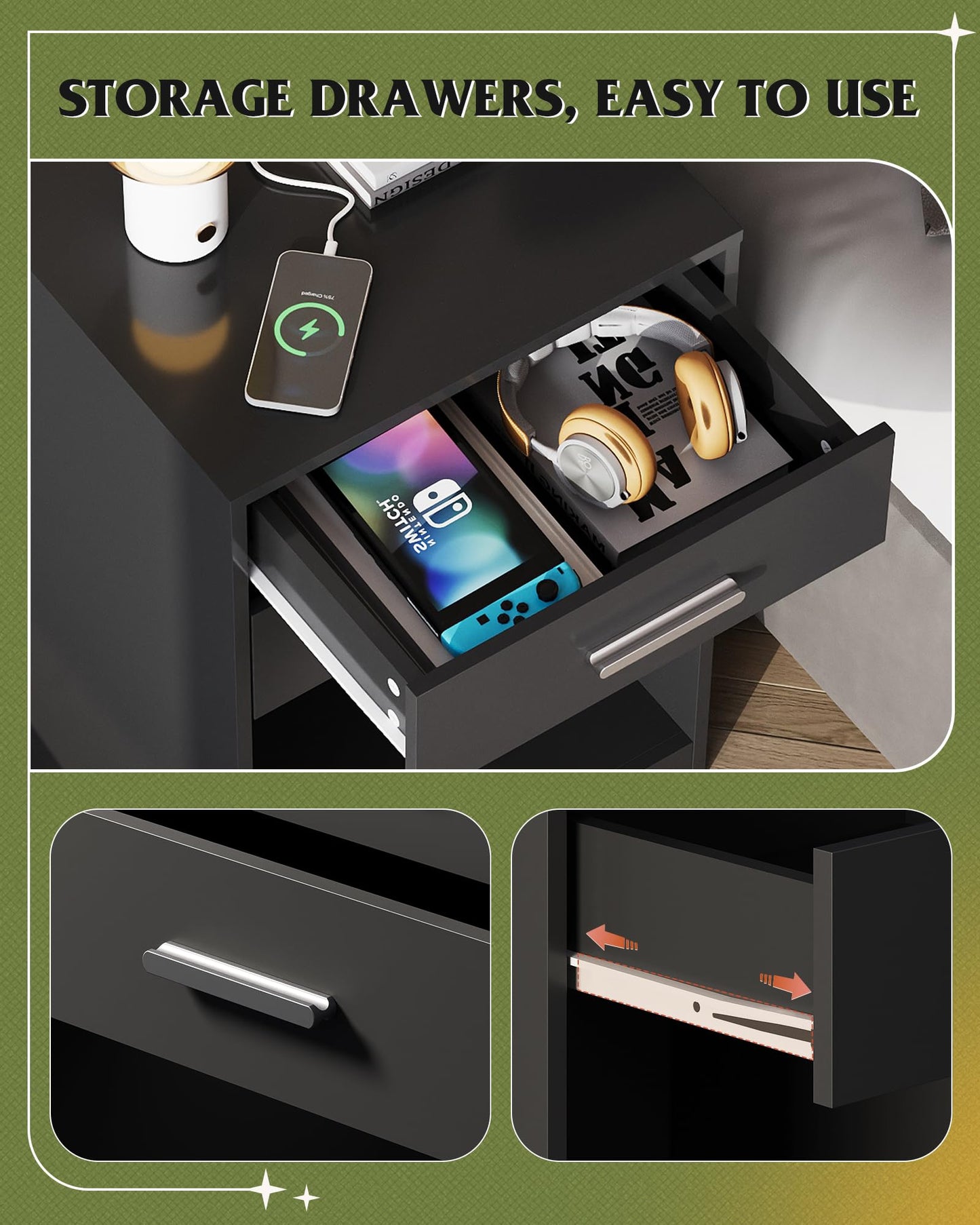 WLIVE Nightstand Set of 2 with Charging Station, Wood Night Stand Sets with 2 Drawers and Open Shelf, Bed Side Tables Bedroom, Living Room, Black