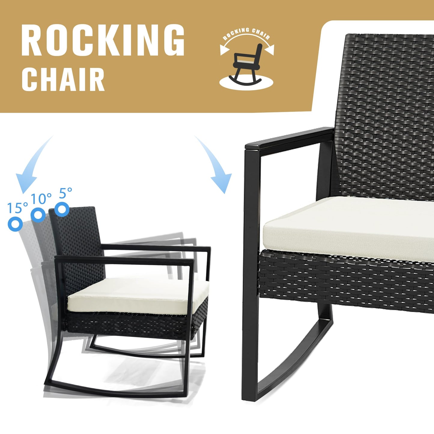 WWR 3 Pieces Outdoor Patio Furniture Set Rocking Wicker Rattan Chair Set Patio Bistro Conversation Set 3 Pcs with Coffee Table for Yard & Bistro (Sand)