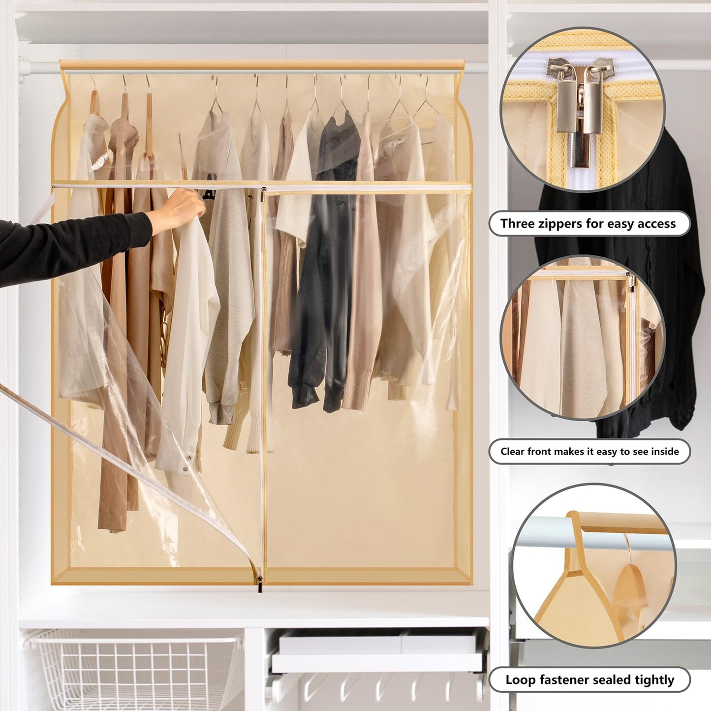 TEMUORG Garment Bags for Hanging Clothes Storage Closet Garment Rack Cover Dust Proof Coat Protector for Suits Jackets with Large Clear Window (Beige)