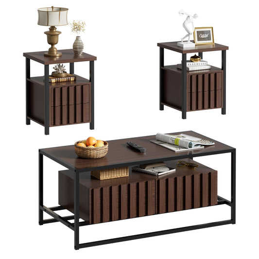 UEV Coffee Table Set of 3,Living Room Table Set,Mid Century Coffee Table,End Side Tables Set of 2 with 2 Drawer for Living Room & Bedroom,Walnut