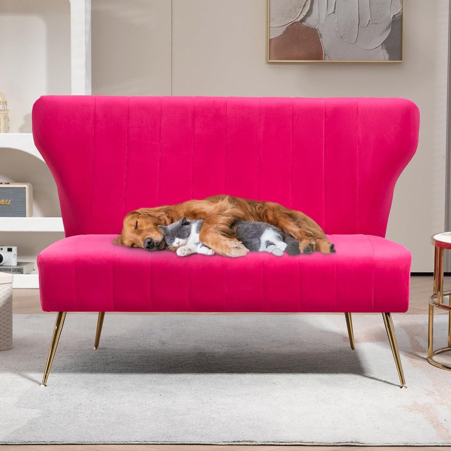 WQSLHX 50’’ Velvet Modern Armless Loveseat Sofa, Upholstered Small Wingback Couch Sofa with Golden Metal Legs, 2 Seater Tufted Couch for Bedroom, Apartment Small Space