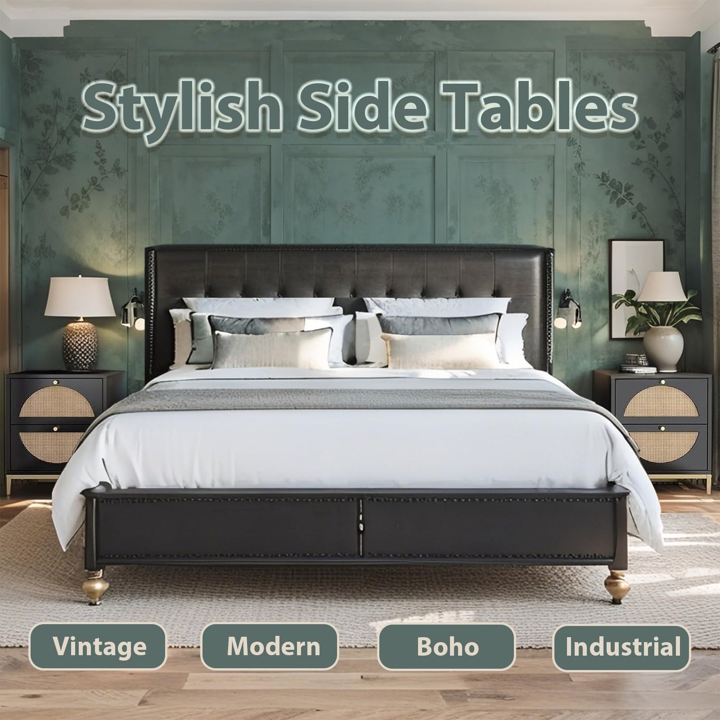 vistavie Rattan Nightstand with 2 Drawers, Wooden End Table Rattan Weaving Bedside Table Accent,Rustic Side Table Night Stand with Storage,for Living Room Bedroom (Black, Set of 2)