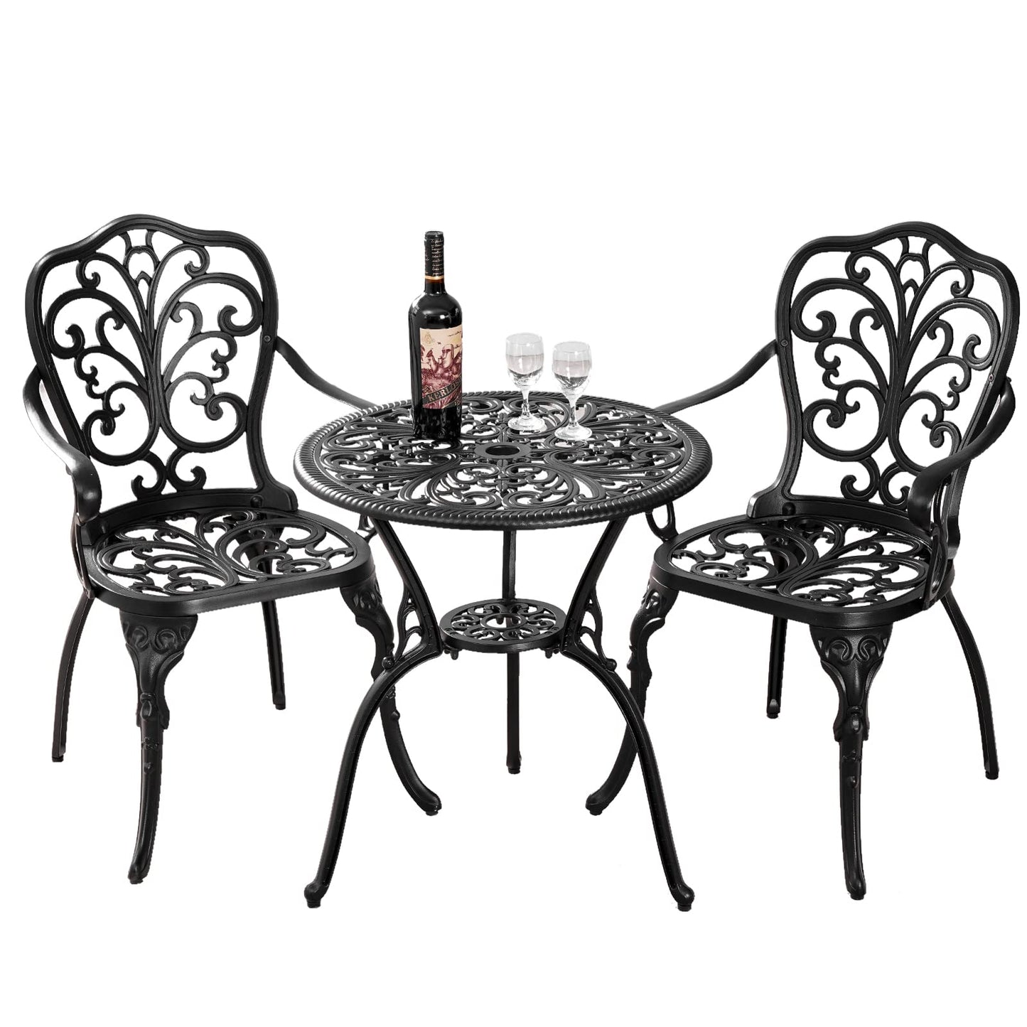 Withniture 3 Piece Patio Bistro Set Cast Aluminum Bistro Table and Chairs Set of 2 with Umbrella Hole,All Weather Metal Bistro Table Set,Outdoor Patio Furniture Set for Garden(Butterfly Black)