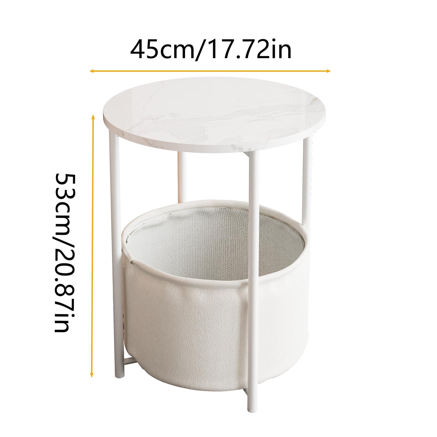 VERFARM Coffee Table with Storage, Round Center Table for Living Room, Bedroom with Fabric Basket, Modern End Table, Metal Side Table, Bedside Nightstand for Small Spaces, White