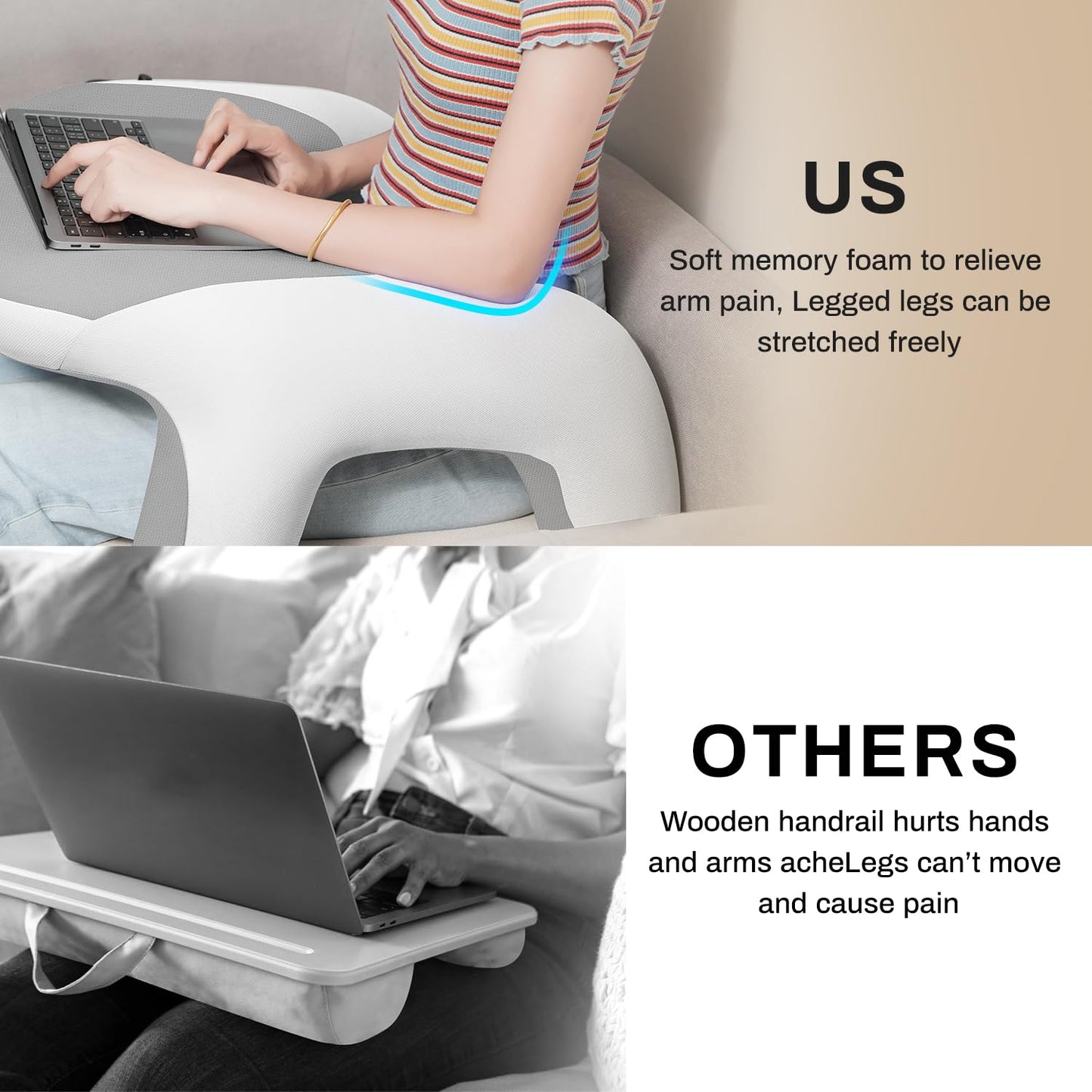 WOGAHEV Laptop Lap Desk, Reading Pillow for Bed, Memory Foam Arm Rest Support Gaming Pillow with Cup/Phone Pocket, Laptop Lap Desk for Working, Gaming, Reading on Couch Bed Floor- White