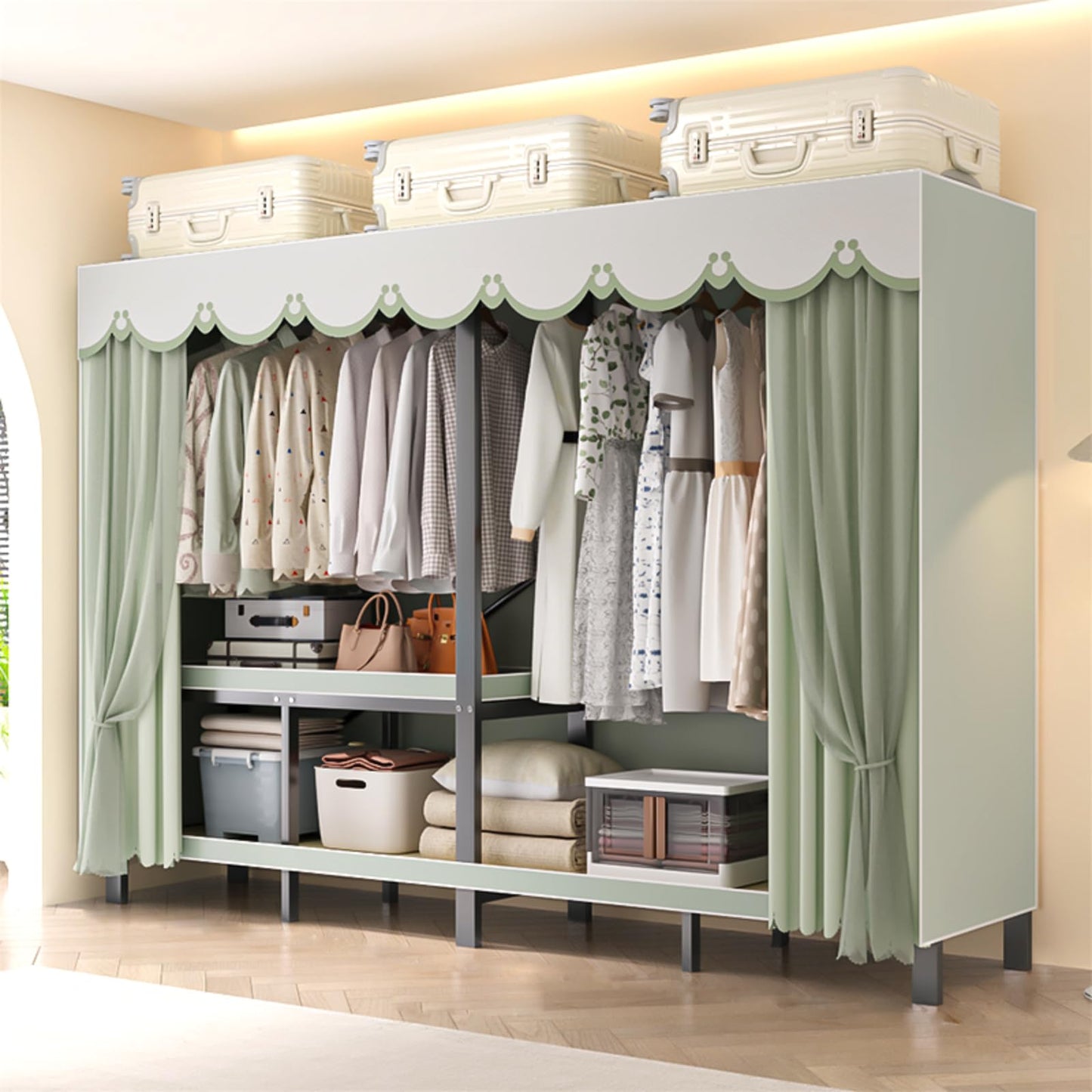 YDEHUEAD 84.5in/7.04ft Foldable Portable Wardrobe Closet with Cover, Heavy Duty Clothing Rack for Hanging Clothes has 59in Vertical Storage Space, Coffee Metal Garment Rack (c, L:84.46")