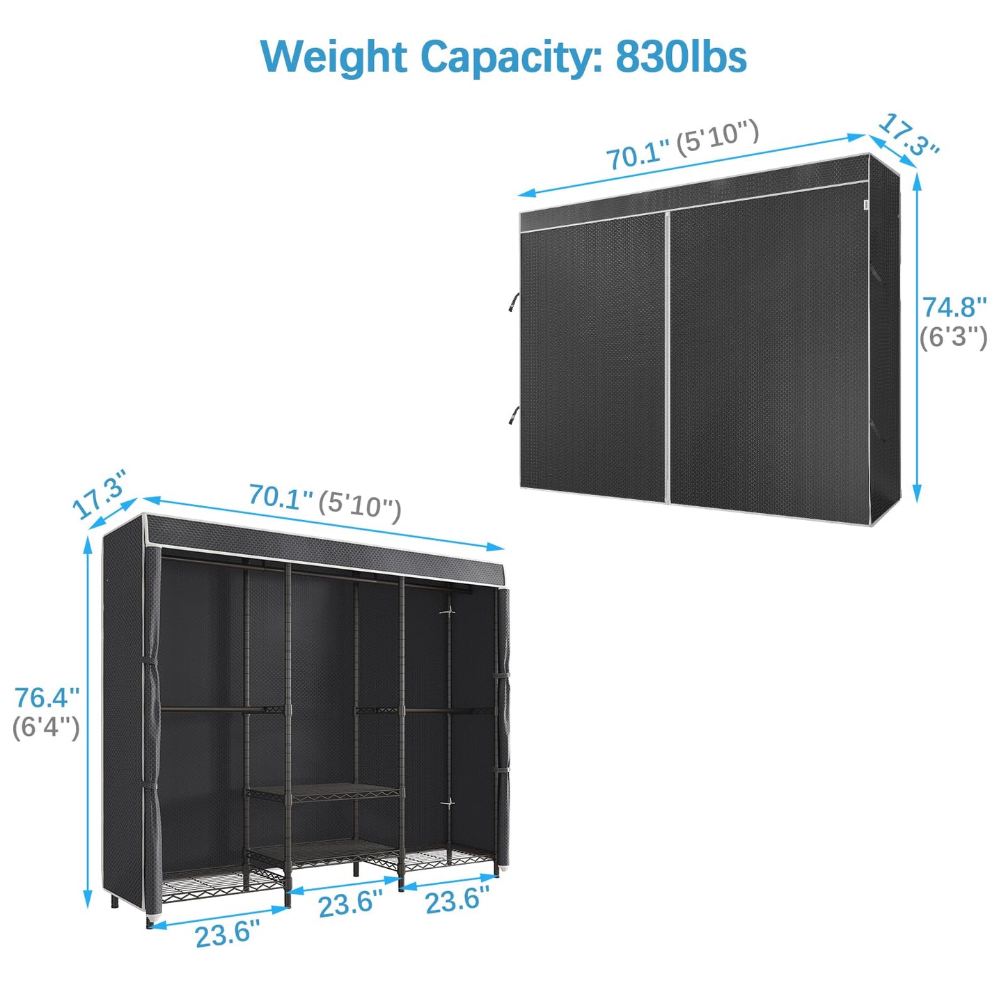 VIPEK V5C SE Garment Rack Wardrobe Closet, Heavy Duty Clothes Rack with Adjustable Shelves and Black Cover, Black Metal Closet Racks Clothing Storage Organizer for Bedroom, 70.1" Lx17.3 Wx76.4 H