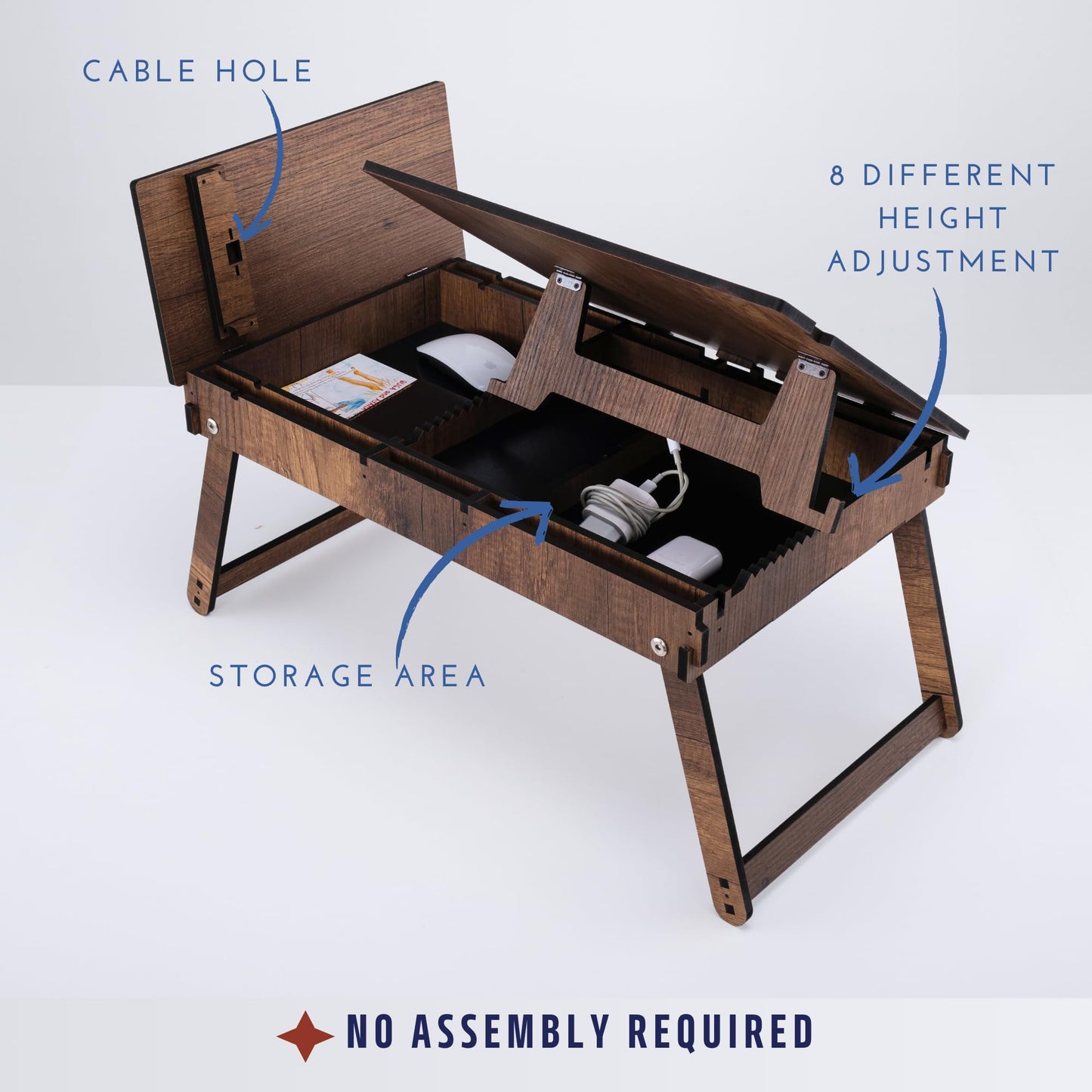 Vigo Wood Laptop Stand for Bed, Adjustable Laptop Lap Desk and Lap Tray with Built-in Storage, Foldable and Ergonomic Design for Reading, Writing, and Working (Walnut)