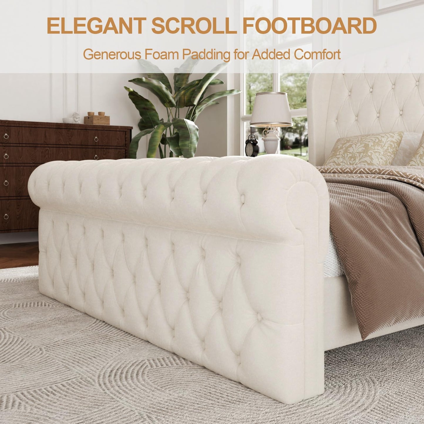 viplov Queen Size Platform Bed Frame, Chenille Upholstered Sleigh Bed with Scroll Wingback Headboard & Footboard, 52" Tall Headboard, Button Tufted, No Box Spring Required, Wood Slats Support, Beige