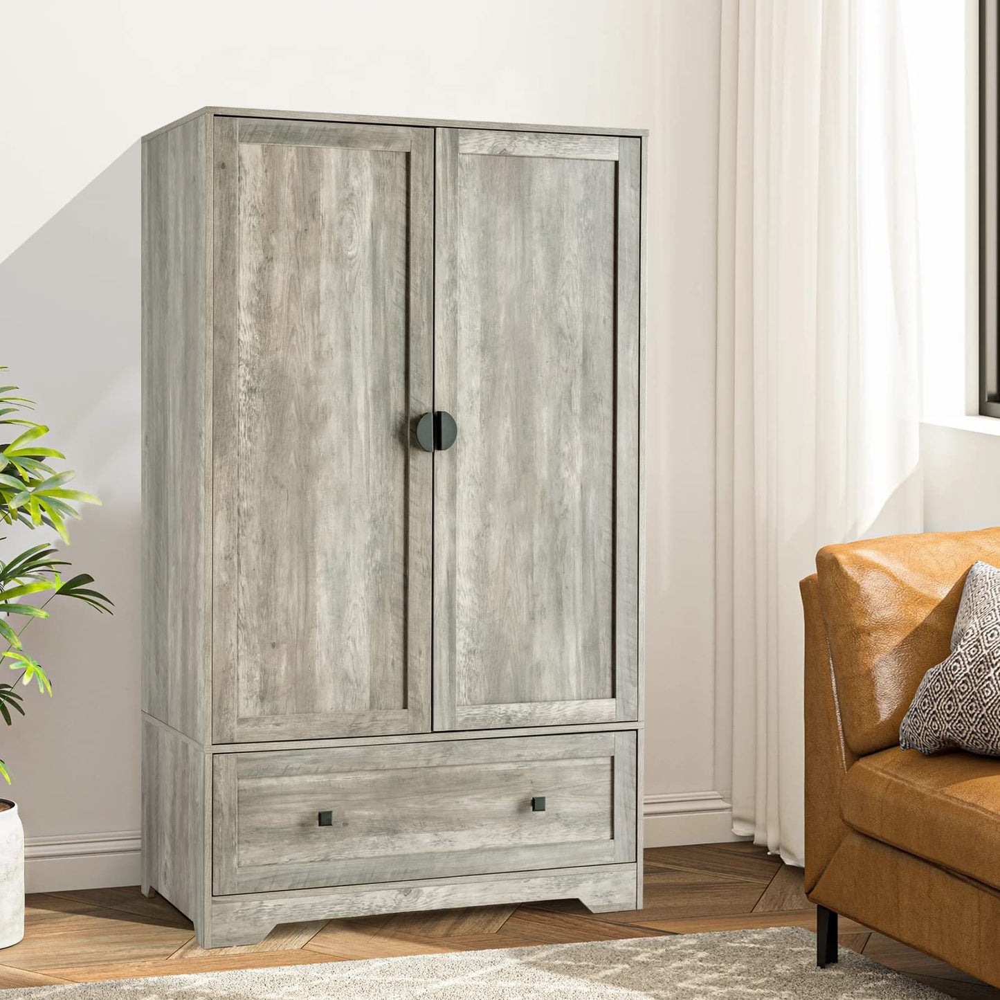 VINGLI Wide Armoire Wardrobe Closet with Hanging Rod, Adjustable Shelves and Drawer, Freestanding Wardrobe Closet with Doors, Bedroom Armoires and Wardrobes, Rustic Grey