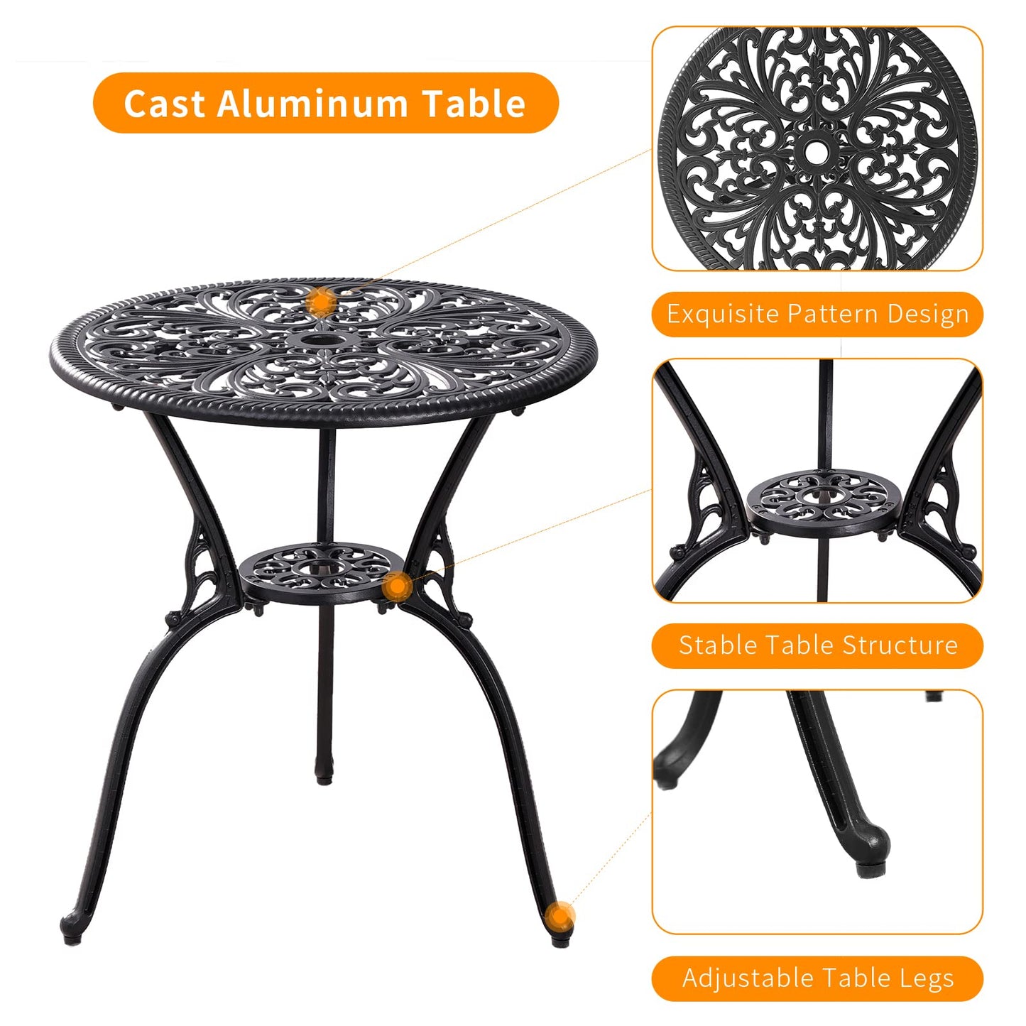 Withniture Patio Bistro Set 3 Piece Outdoor,Cast Aluminum Outdoor Bistro Table and Chair Set of 2 with 1.97" Umbrella Hole,All Weather Bistro Table Set for Front Porch Set(Butterfly Black)